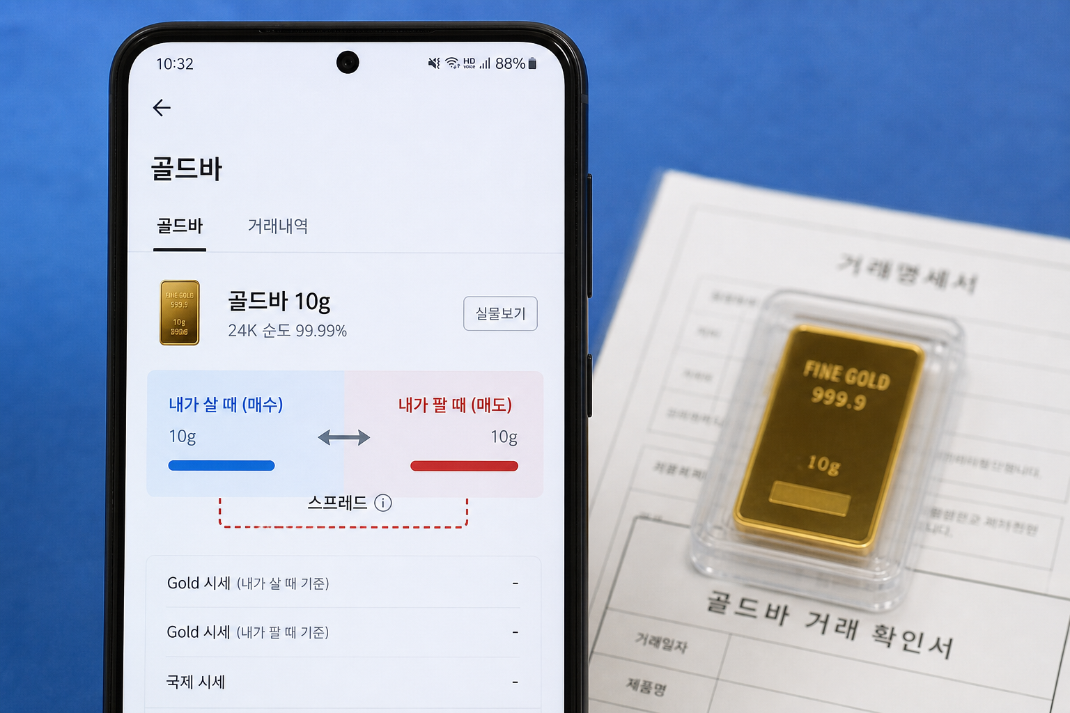 시중은행 앱에서 10g 골드바 매수·매도 가격이 표시되고 스프레드가 강조된 화면 이미지