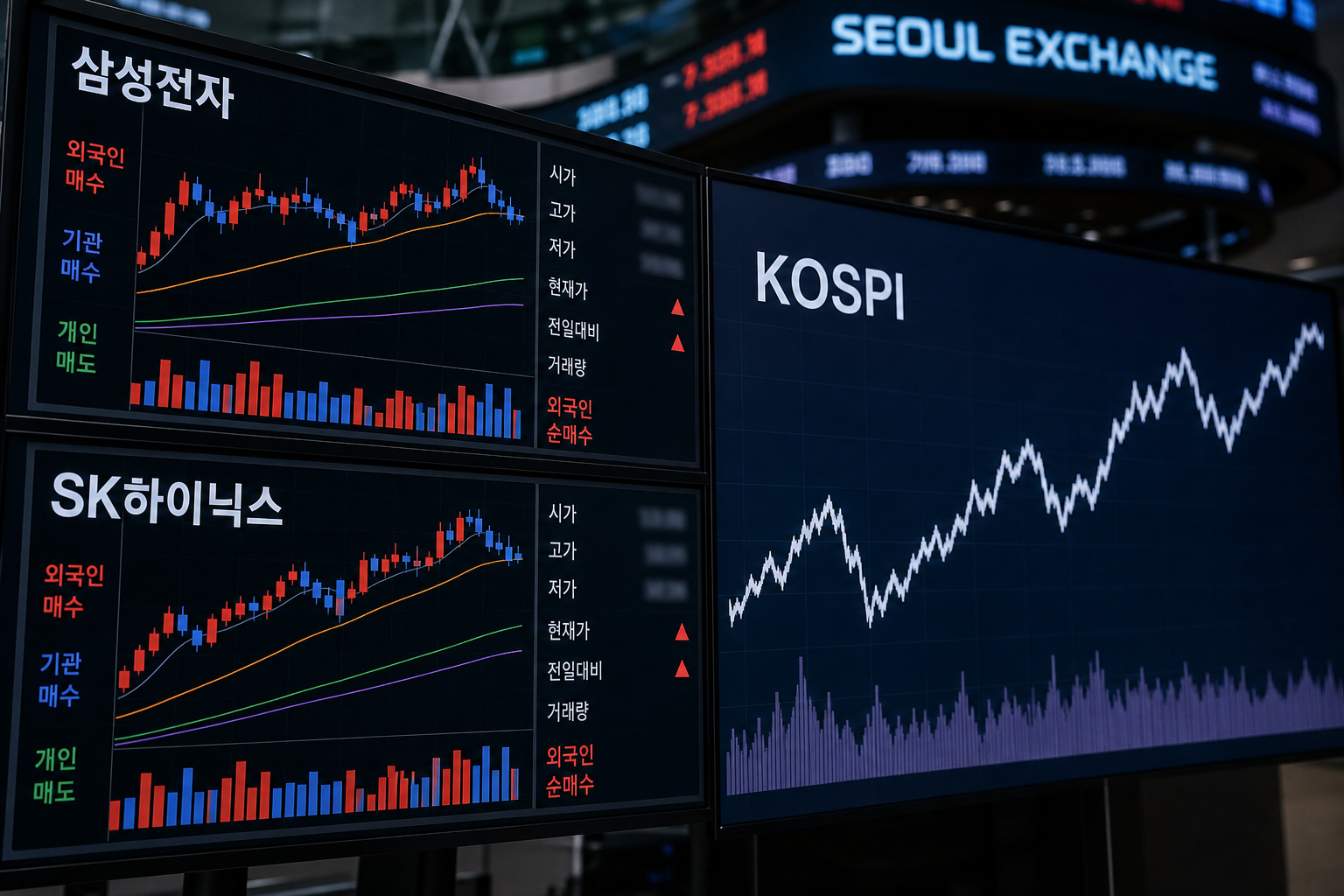 외국인 매수가 집중되는 대형주(삼성전자·SK하이닉스)의 주가 화면과 KOSPI 지수를 함께 보여주는 사진.