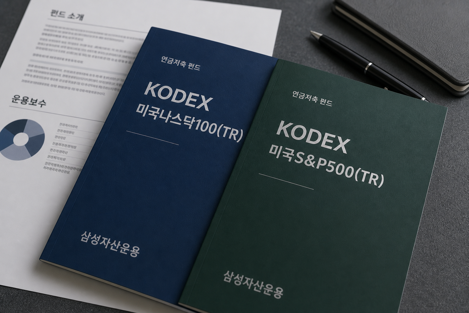 삼성자산운용의 KODEX 미국나스닥100(TR)·KODEX 미국S&P500(TR) 상품 설명(운용보수 및 펀드 소개) 화면.