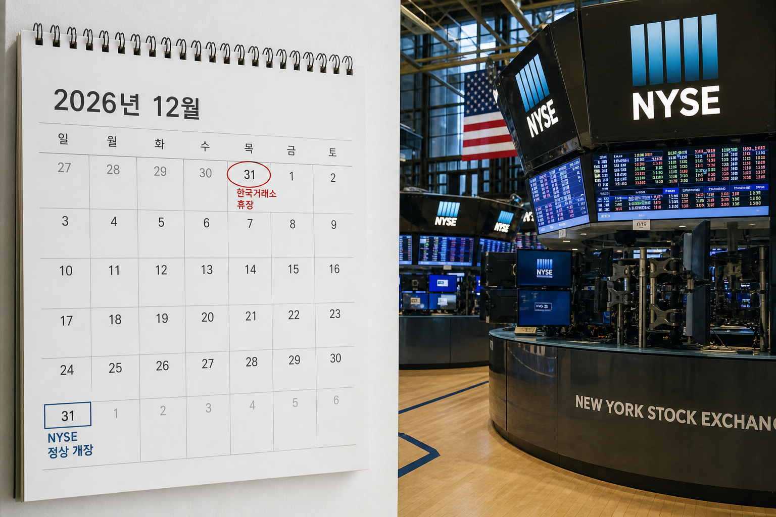 한국거래소는 12월 31일 휴장한 반면 미국(NYSE)은 같은 날 개장한다는 사실을 보여주는 달력 표시나 거래소 관련 사진
