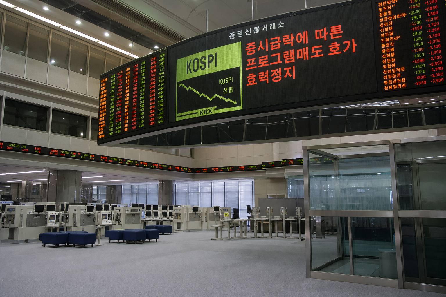 2008년 10월 24일 코스피 급락 당시 거래소 모습이나 관련 뉴스 헤드라인을 보여주는 사진