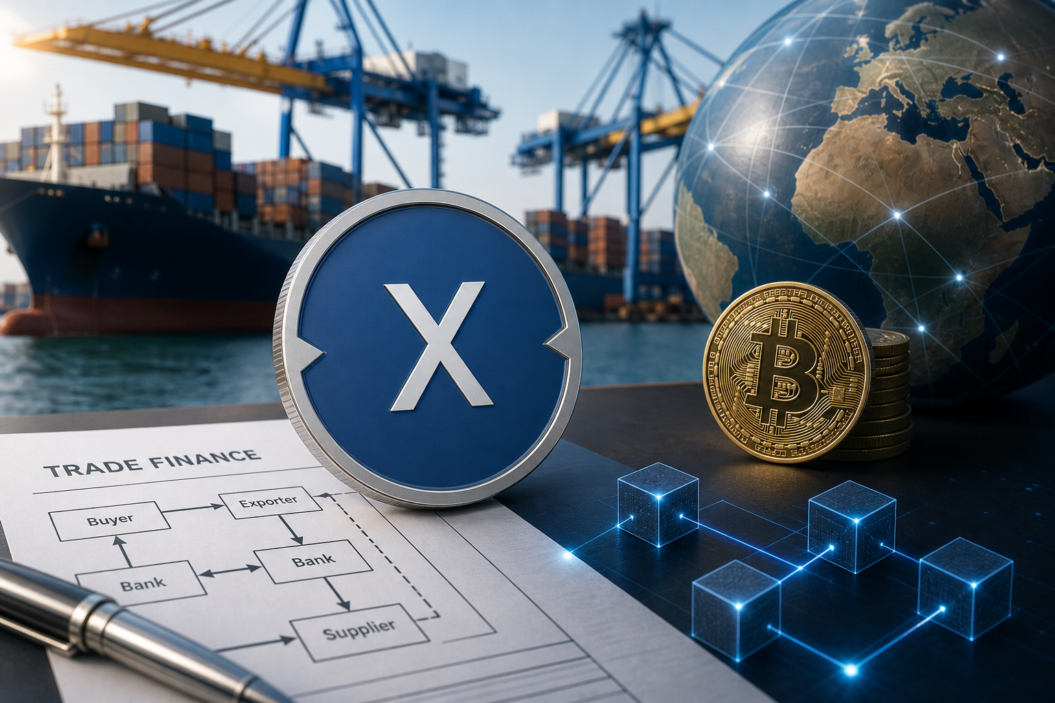 XDC 네트워크에서 무역금융 토큰화 규모가 10억 달러를 넘었다는 사실을 보여주는 XDC 로고와 무역금융 시각자료
