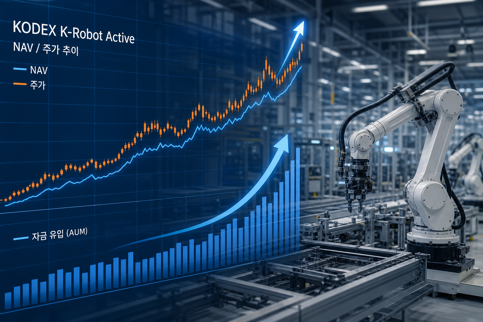 KODEX K-Robot Active의 순자산(AUM) 급증과 가격(주가) 급등을 보여주는 NAV/주가 차트 및 자금유입 그래프