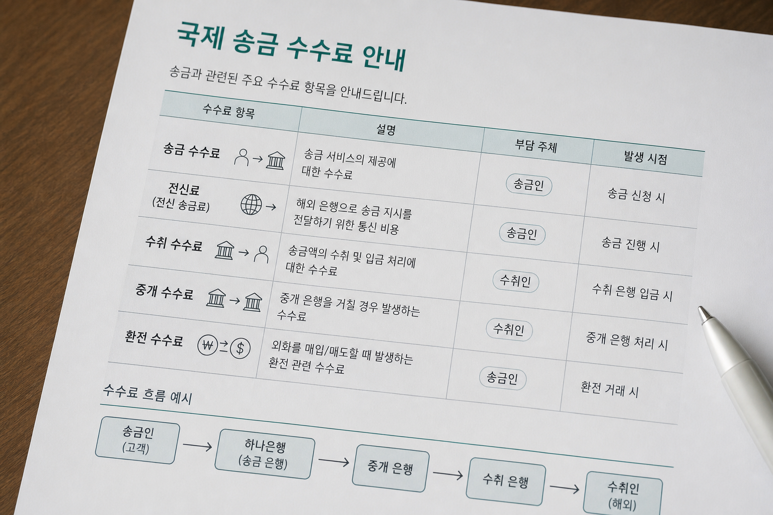 하나은행의 국제송금 수수료·전신료·수취 수수료 등의 항목을 정리한 표 화면