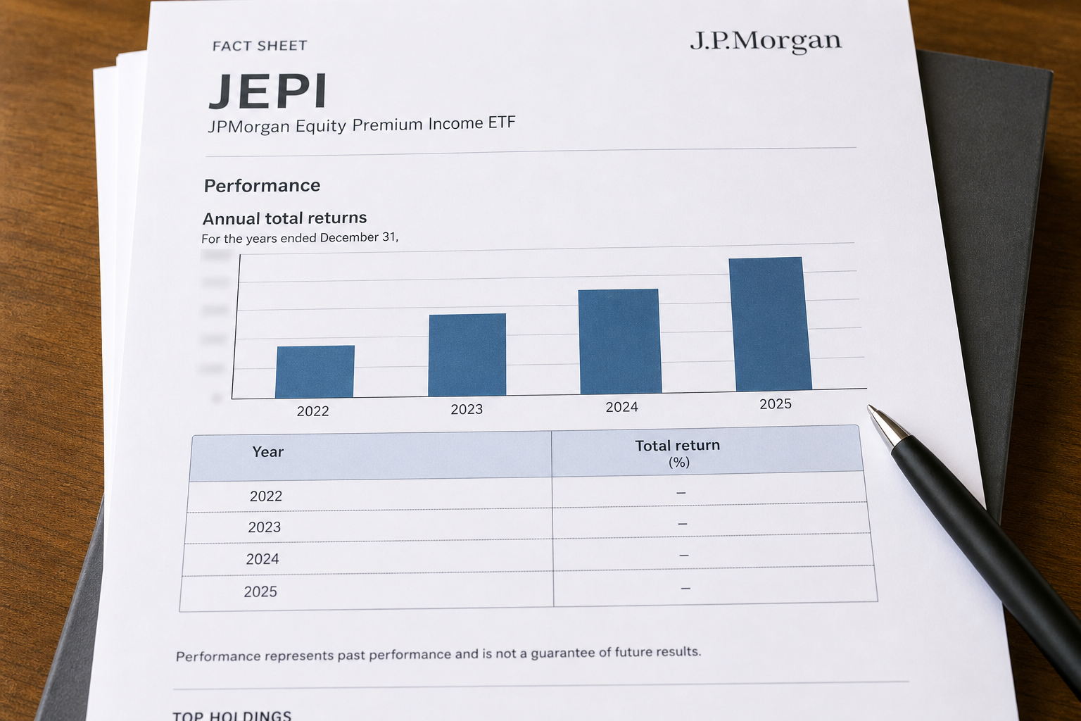 연도별(2022~2025) JEPI 총수익(분배금 포함)을 표나 막대그래프로 정리한 연간 성과 이미지