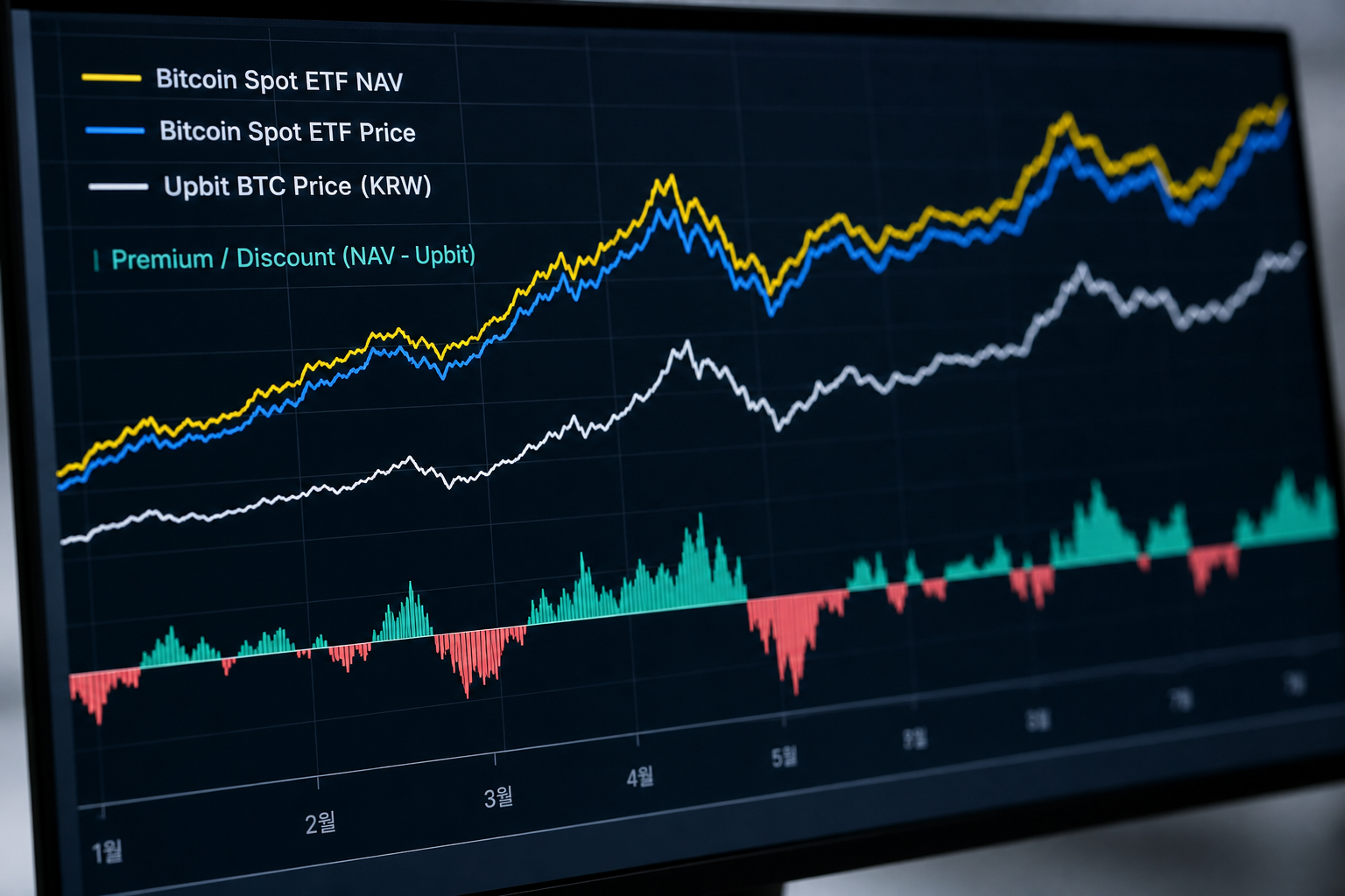 미국 비트코인 현물 ETF의 NAV 또는 ETF 시세와 업비트 비트코인 가격 간의 괴리를 시계열로 비교한 차트
