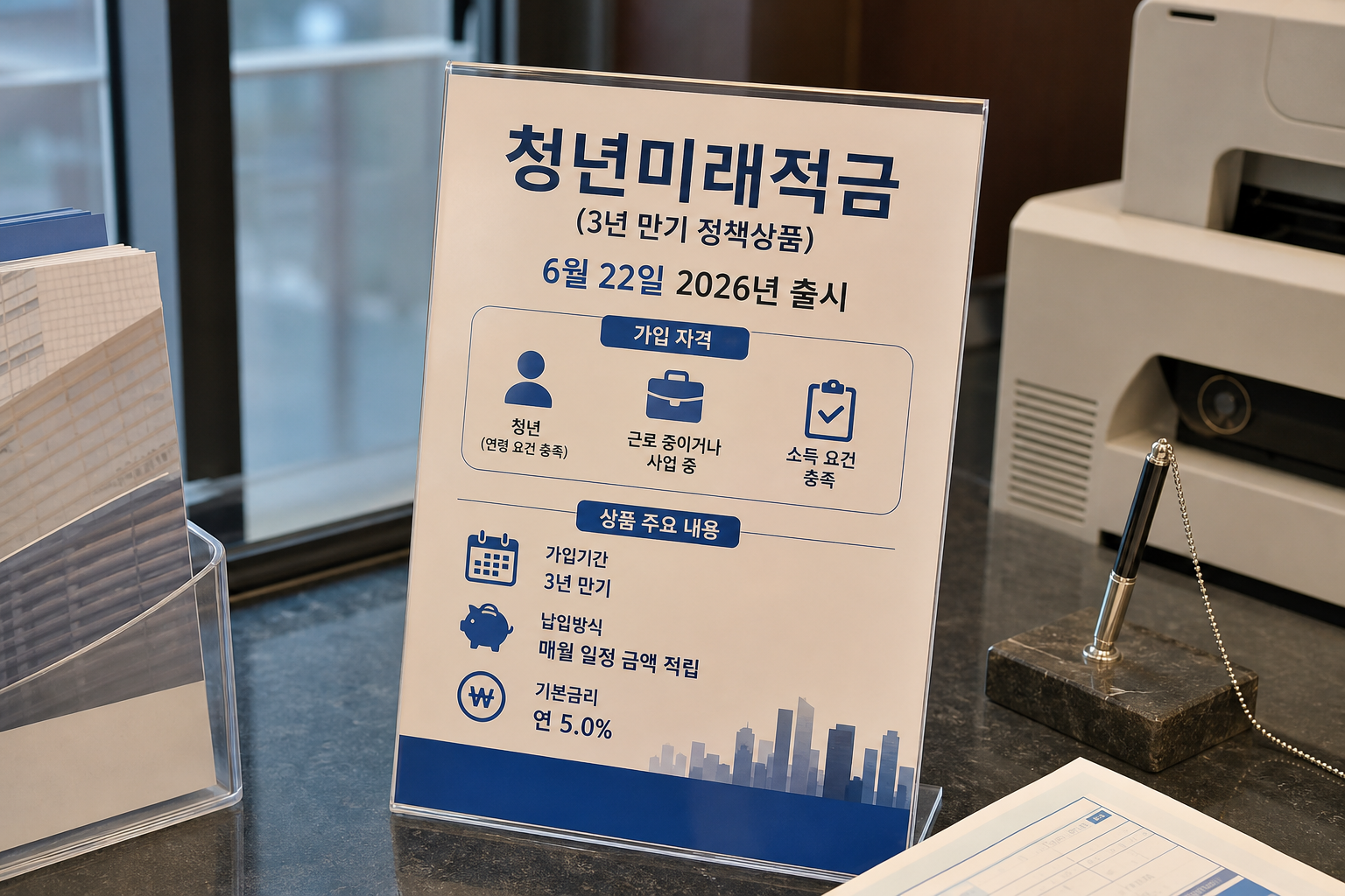 청년미래적금(3년 만기 정책상품) 홍보 배너 또는 안내문 — 가입 자격과 연 5.0% 기본금리를 설명하는 이미지.