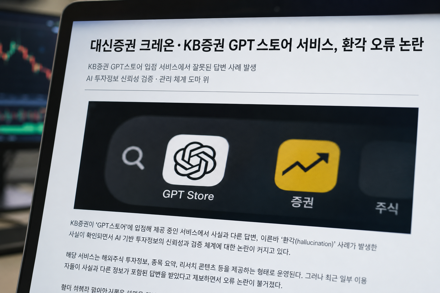 KB증권의 GPT스토어 입점 서비스에서 발생한 오답(환각) 사례를 보도한 뉴스 기사 화면