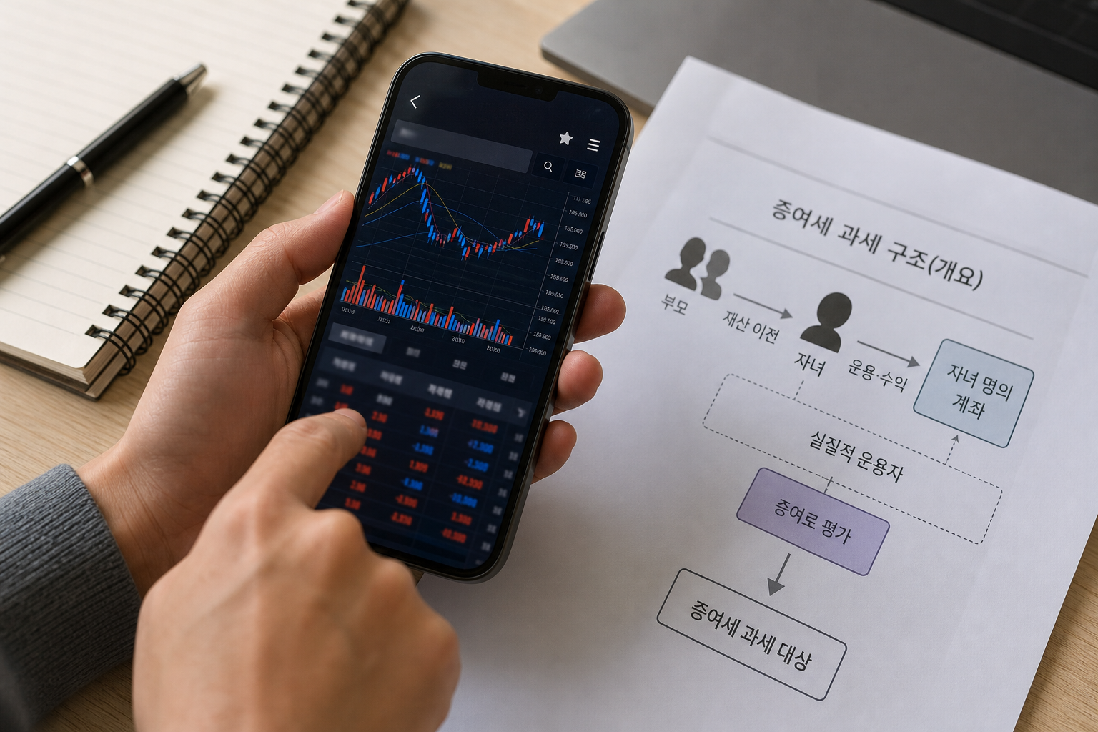 부모가 자녀 명의 주식 계좌를 대신 운용하며 매매 화면을 확인하는 장면으로 과세 리스크를 시각화한 사진.