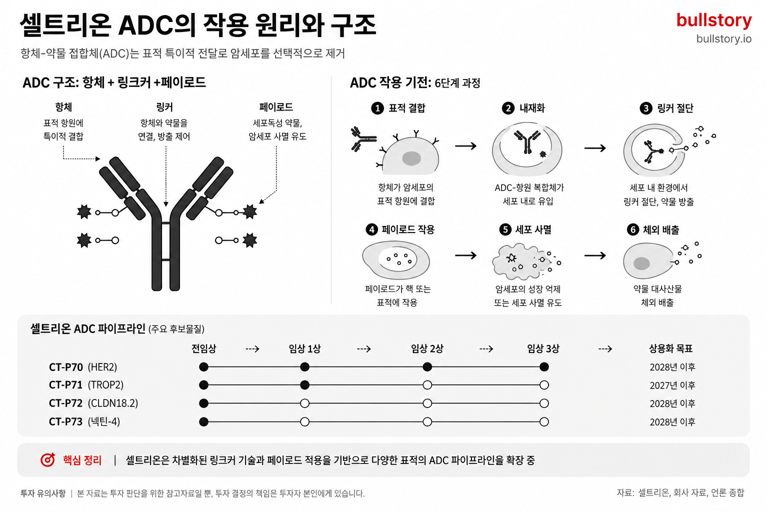 보고서에서 중요한 변수로 제시된 ADC(항체-약물 접합체)의 작용 원리와 구조를 시각적으로 설명하기 위해