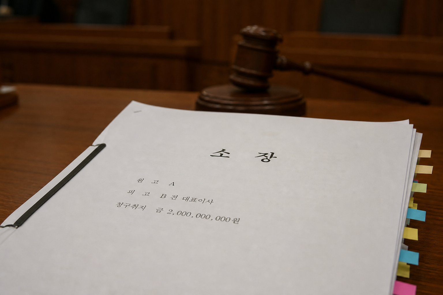 전 대표이사 관련 20억 원 규모 소송이 진행 중임을 나타내는 소송 또는 법정 문서 이미지.
