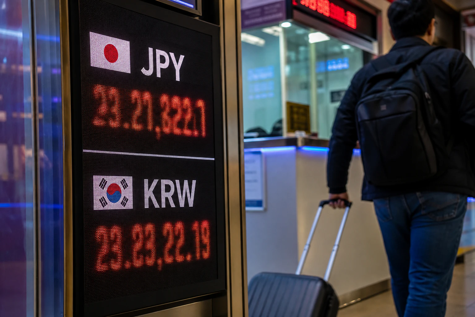환전소 디지털 환율 전광판에 엔화와 원화 시세가 표시되고 그 앞을 여행객이 지나가는 모습