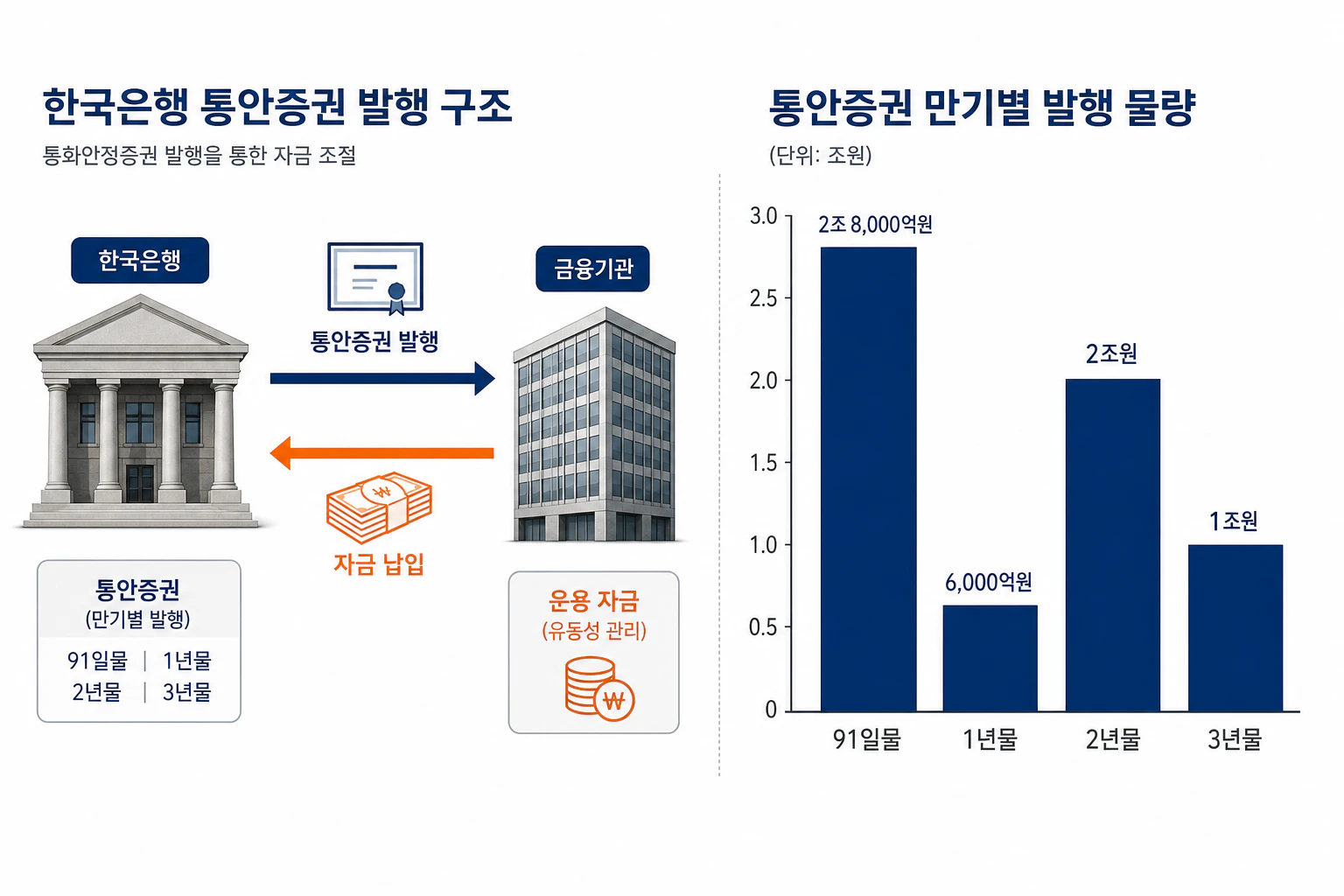 통안증권 만기별 발행 물량과 자금 이동을 설명하는 인포그래픽