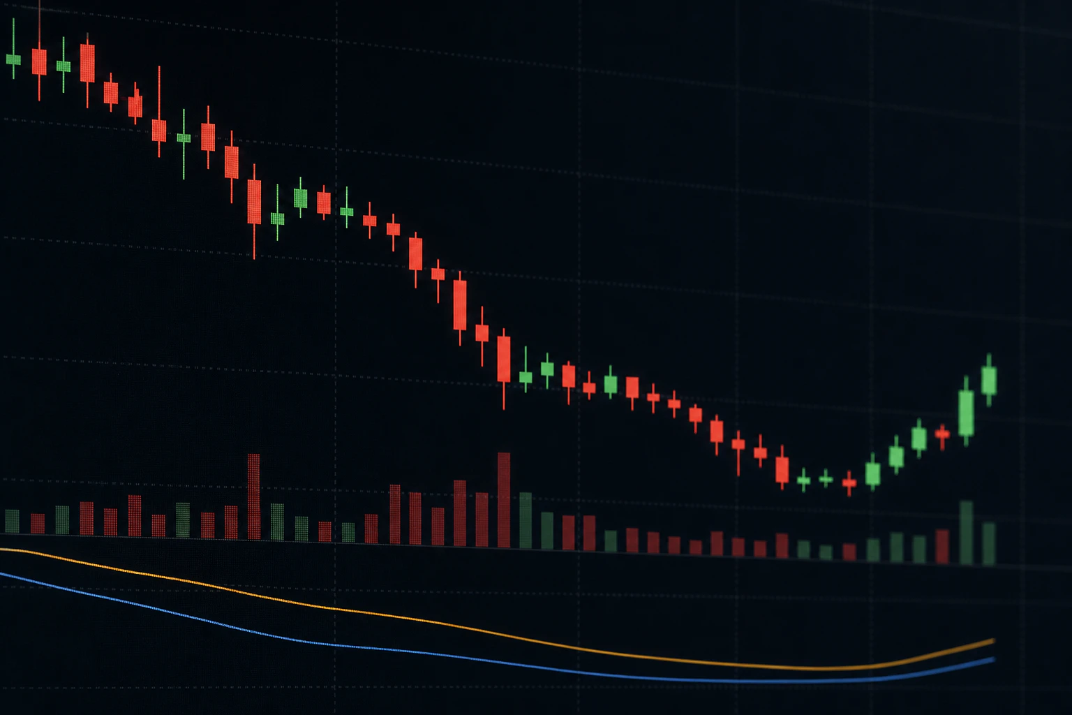 급락 후 저점을 다지며 완만하게 반등하는 주가 캔들차트 일러스트