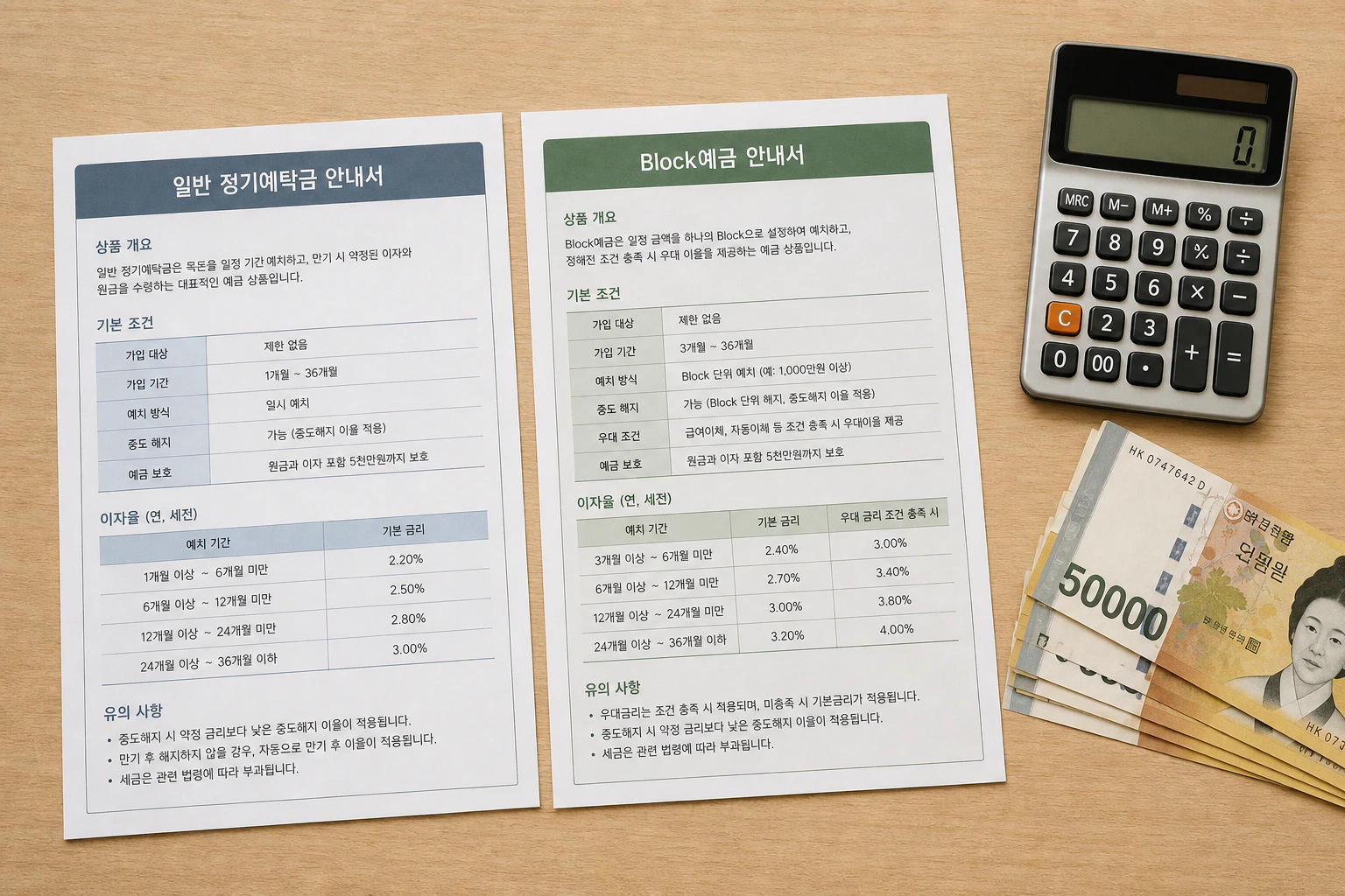 일반 정기예탁금과 특수 예금 상품을 비교하는 책상