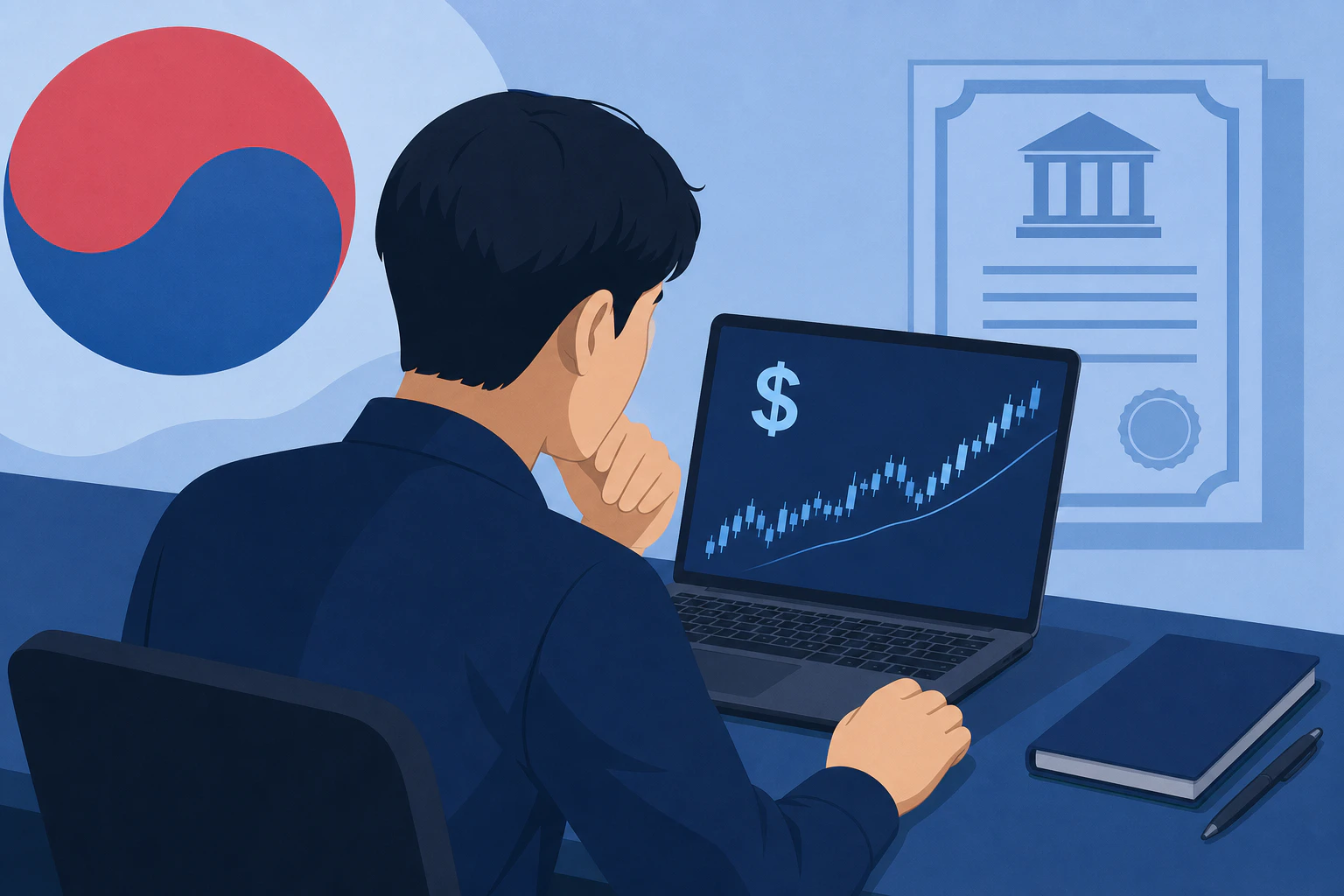 한국인 투자자가 노트북 화면으로 채권 그래프와 달러 기호를 확인하는 모습을 표현한 플랫 일러스트