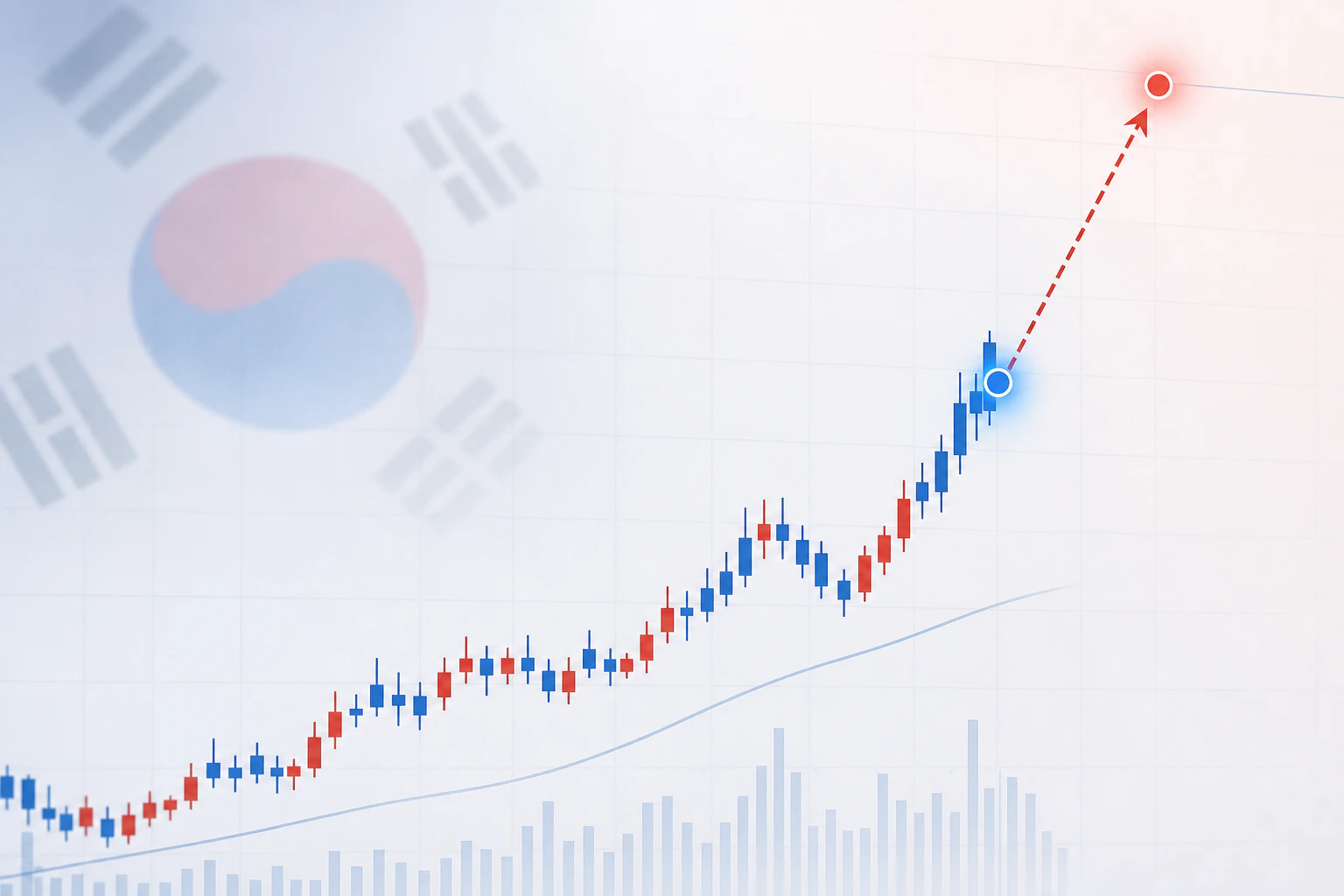 현재 주가와 증권가 목표주가 사이의 격차를 보여주는 상승 화살표와 주가 그래프 일러스트