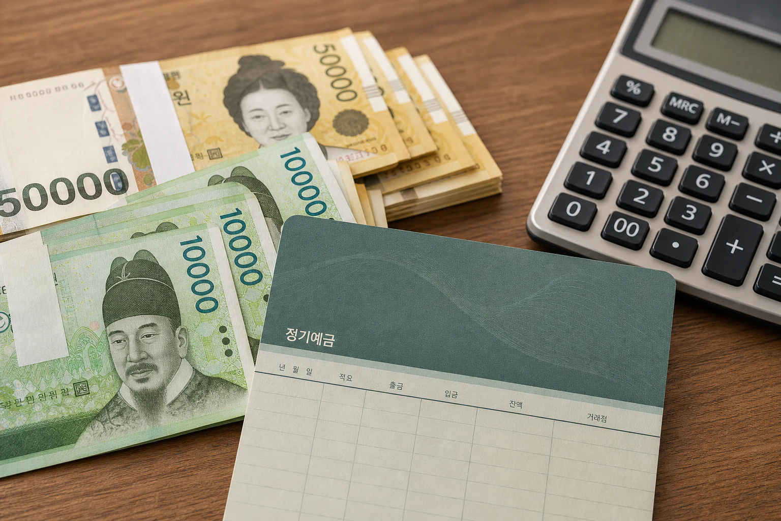 정기예금 통장과 계산기, 원화 지폐를 놓고 세후 이자를 계산하는 사진