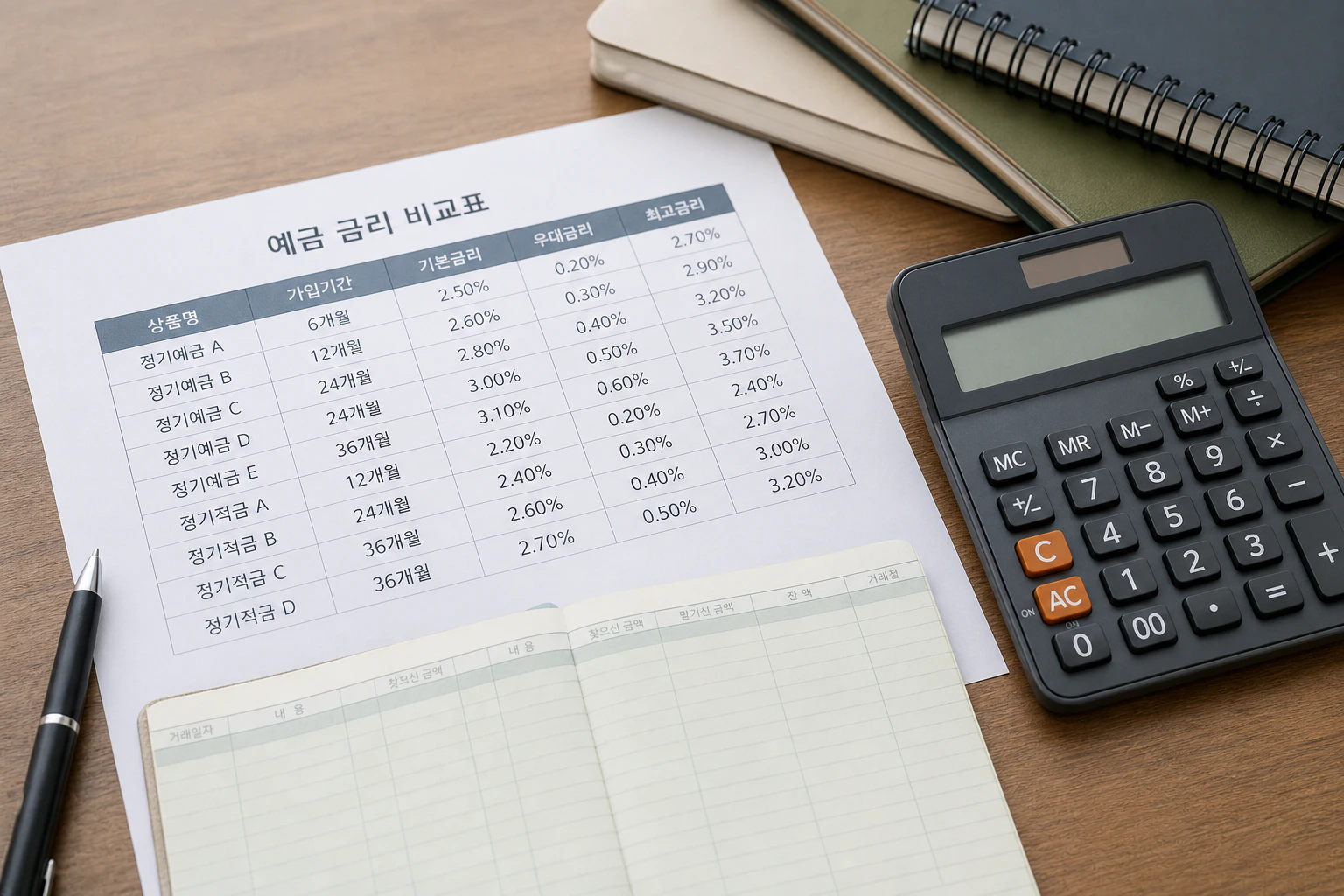 예금 금리표와 계산기가 놓인 책상 위 재테크 상담 장면