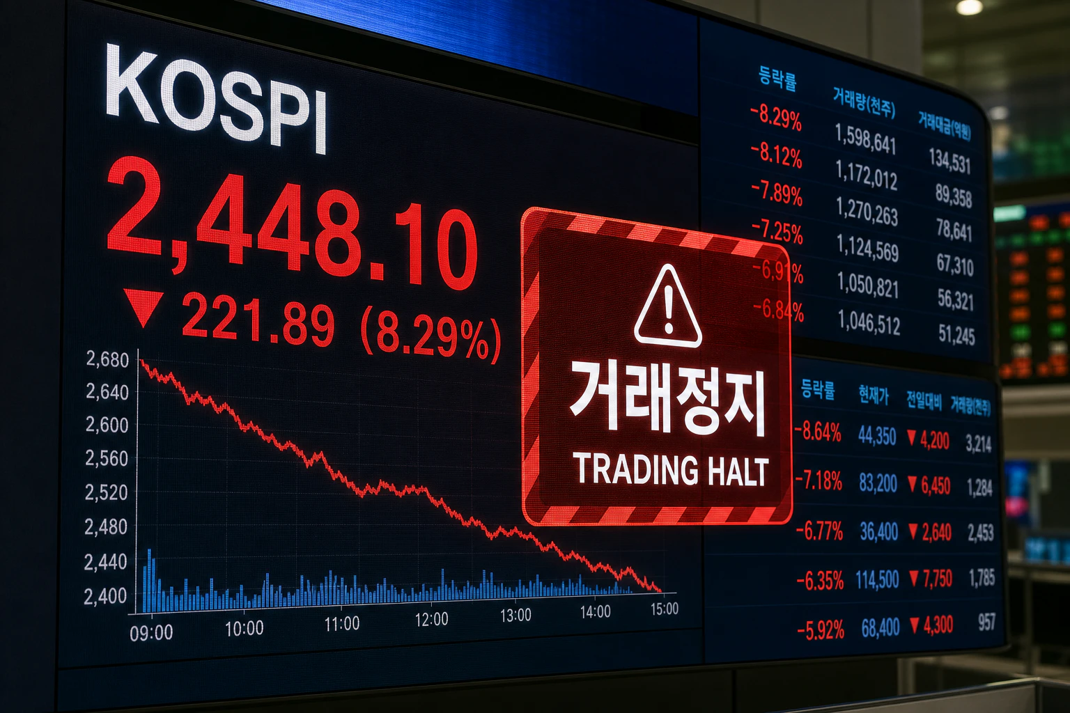 코스피 지수가 급락하며 거래 정지 경고가 뜬 증시 전광판 이미지