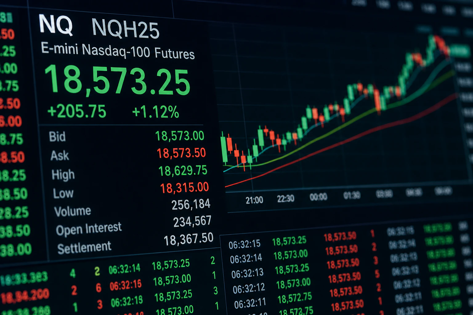 CME Globex 전산 거래망을 통해 24시간 움직이는 나스닥100 선물 가격을 상징하는 이미지