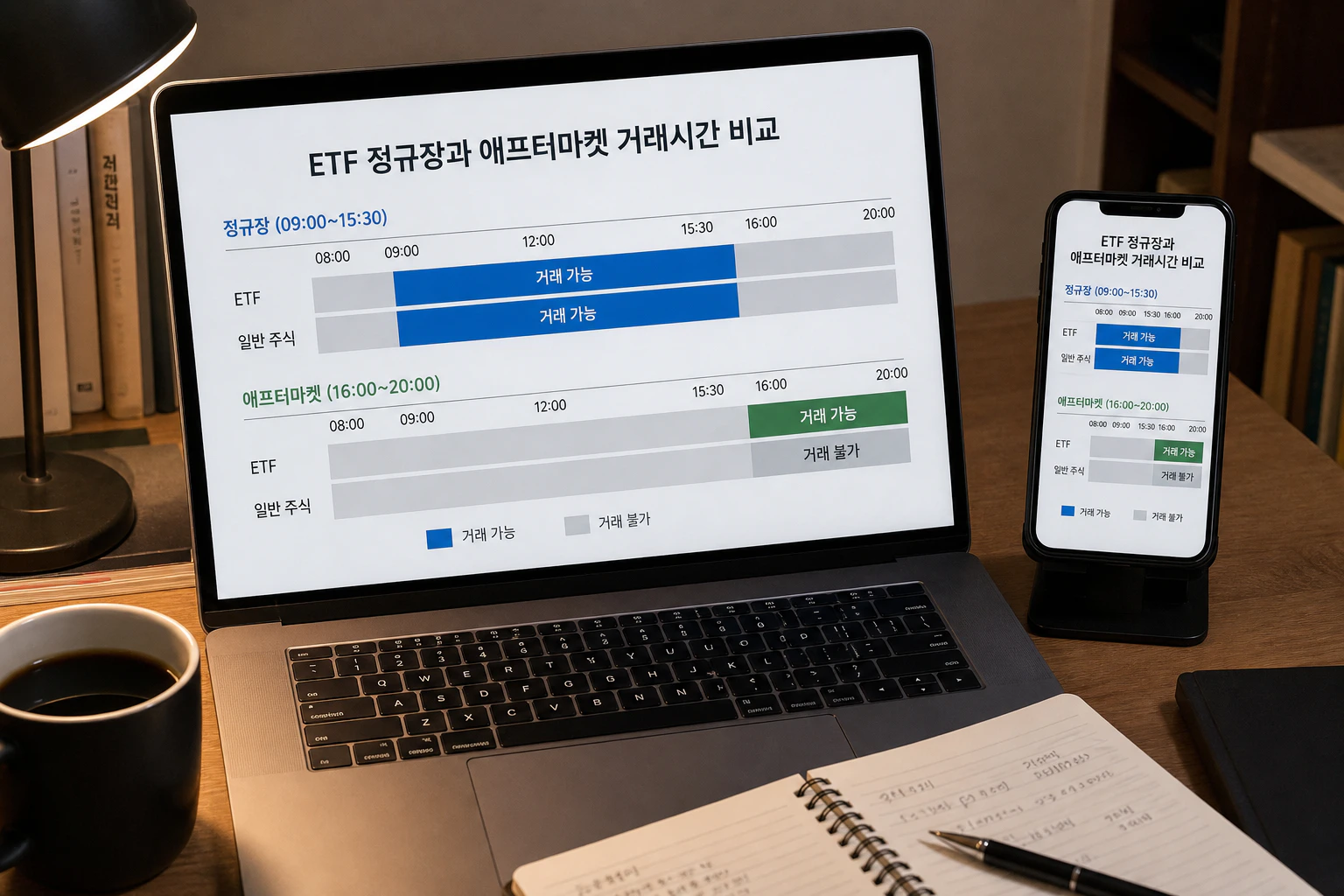 ETF 정규장과 애프터마켓 거래시간을 비교하는 투자 화면