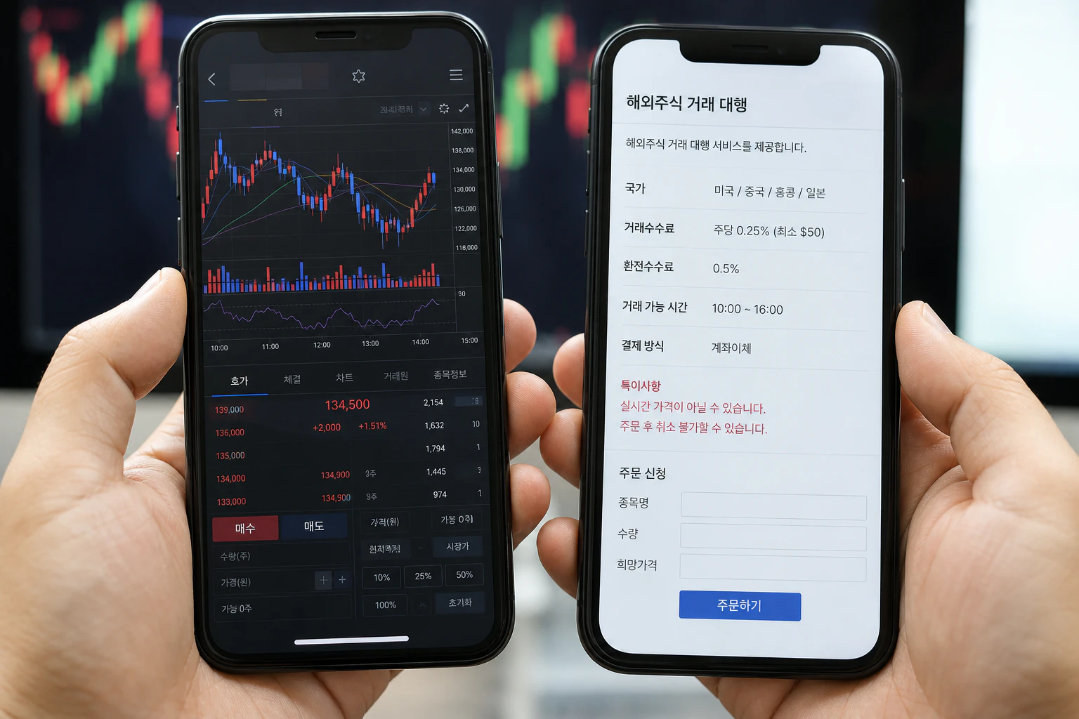 두 개의 스마트폰 화면을 나란히 비교하는 손, 하나는 정식 거래소 시세 화면 다른 하나는 알 수 없는 대행 사이트 화면