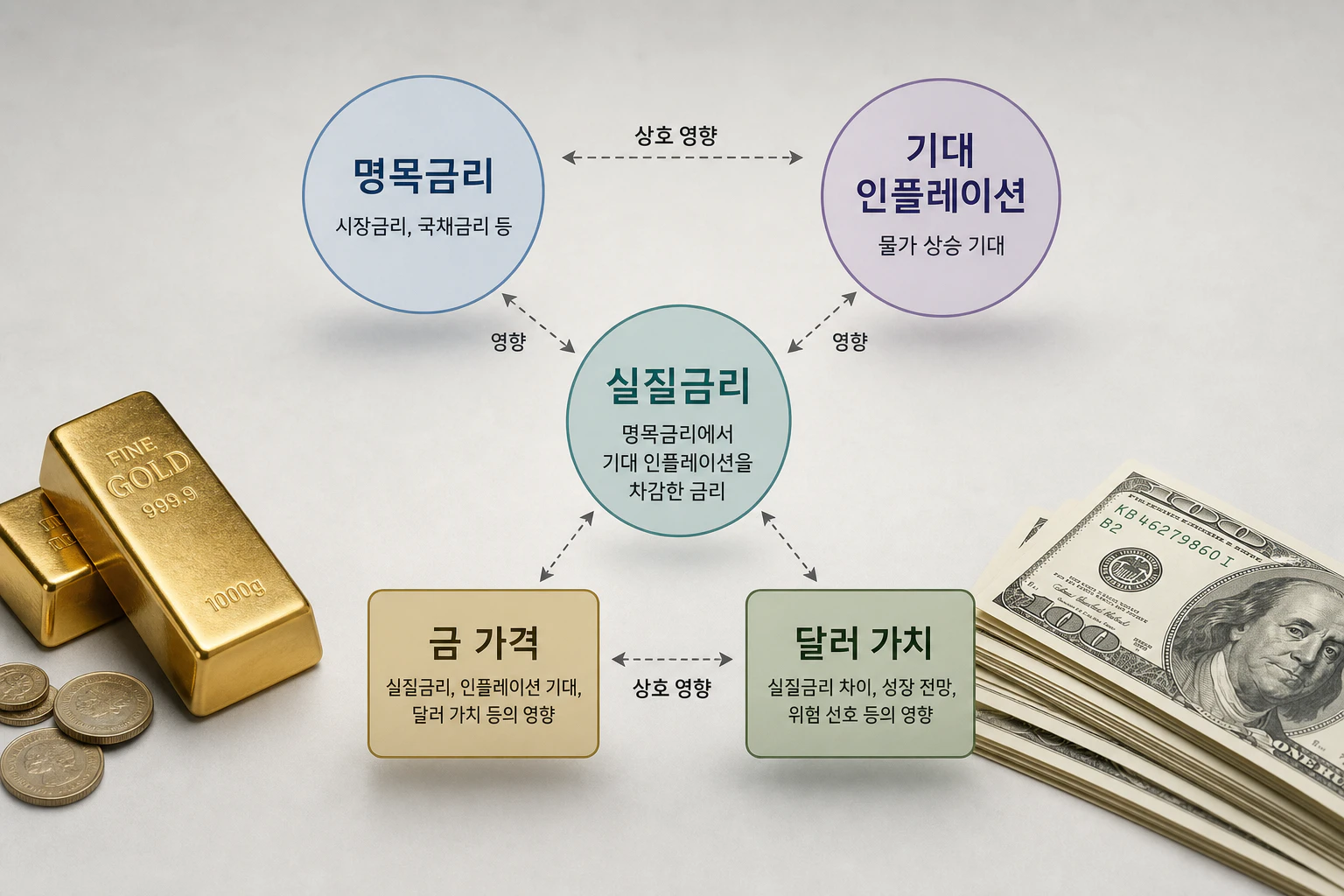 명목금리와 기대 인플레이션에서 실질금리로 이어지는 관계도