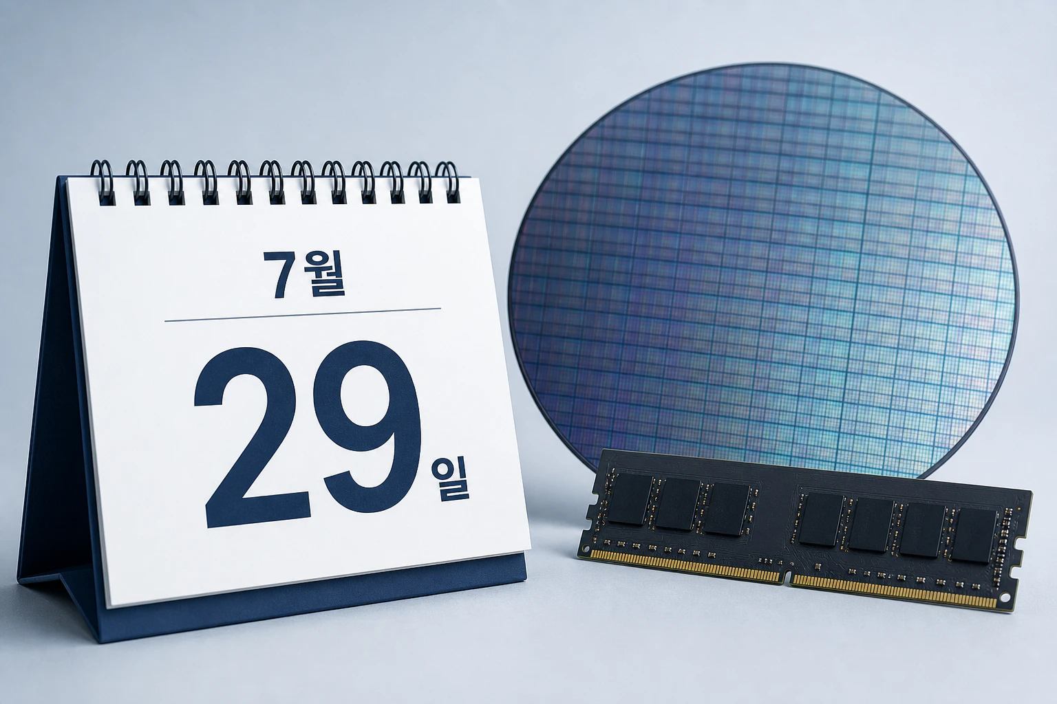 7월 29일 실적 발표일을 표시한 달력과 반도체 칩 아이콘 인포그래픽