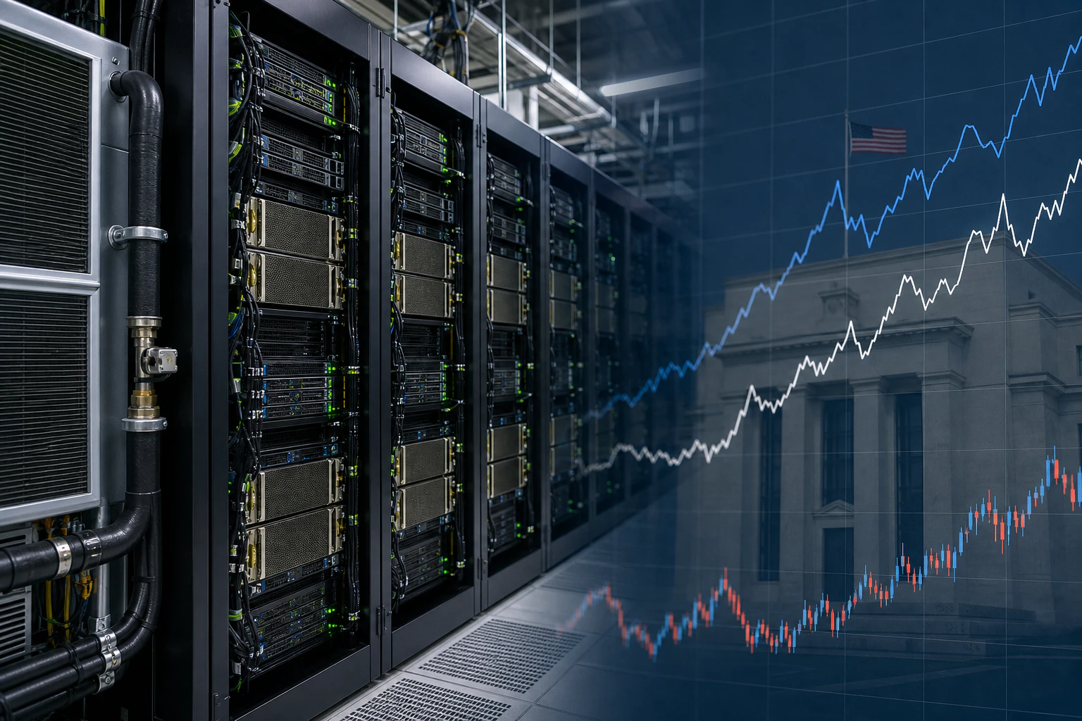 AI 데이터센터 GPU 서버와 미국 국채 금리 차트를 결합한 이미지