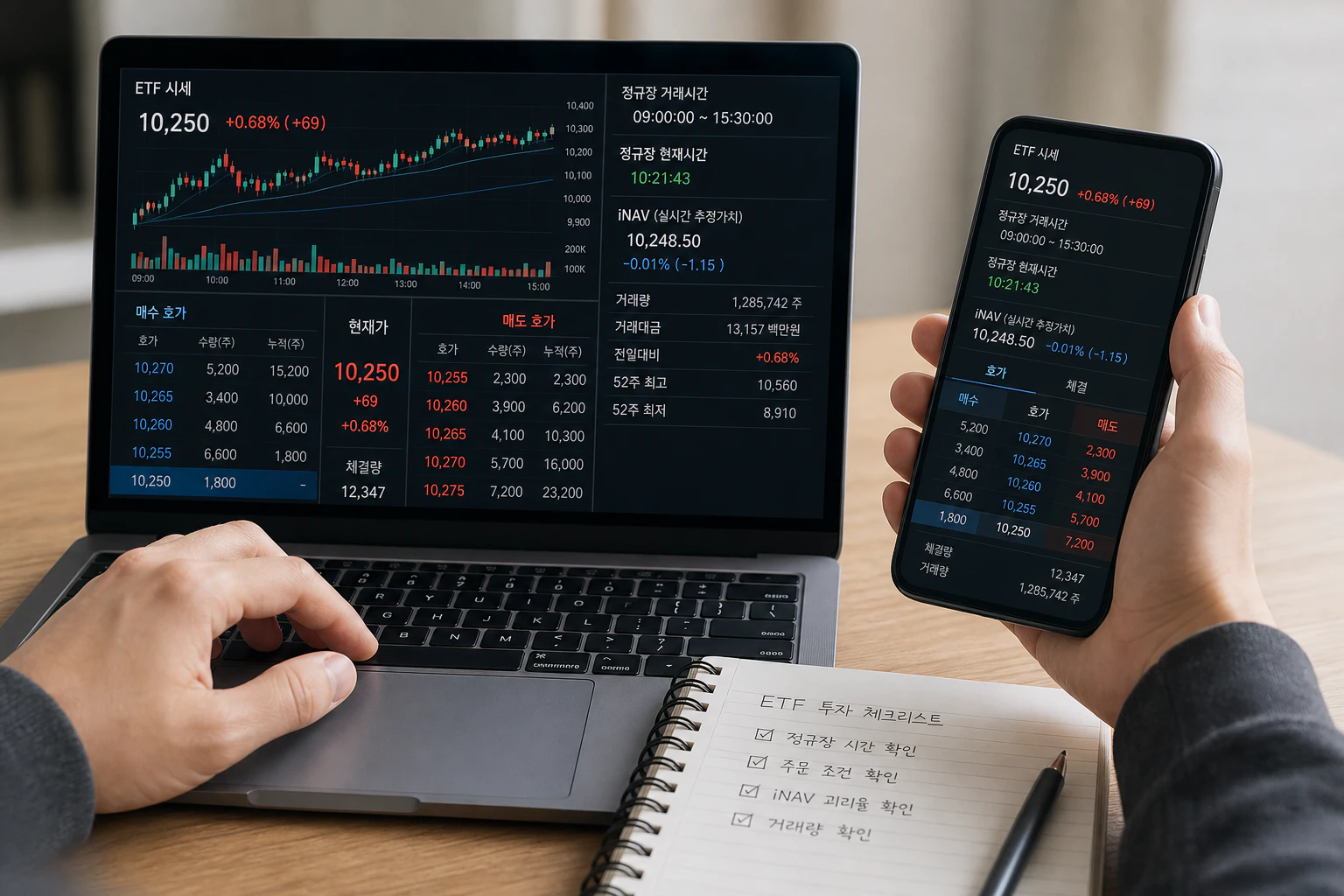 ETF 투자자가 정규장 시간과 주문 조건을 확인하는 모습