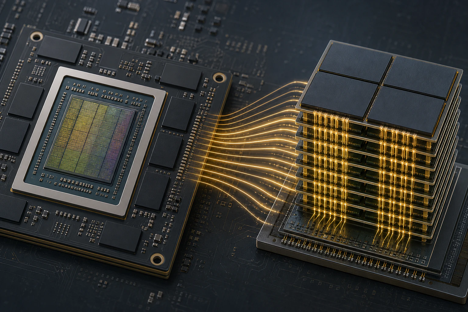 GPU 패키지와 수직 적층 HBM 구조