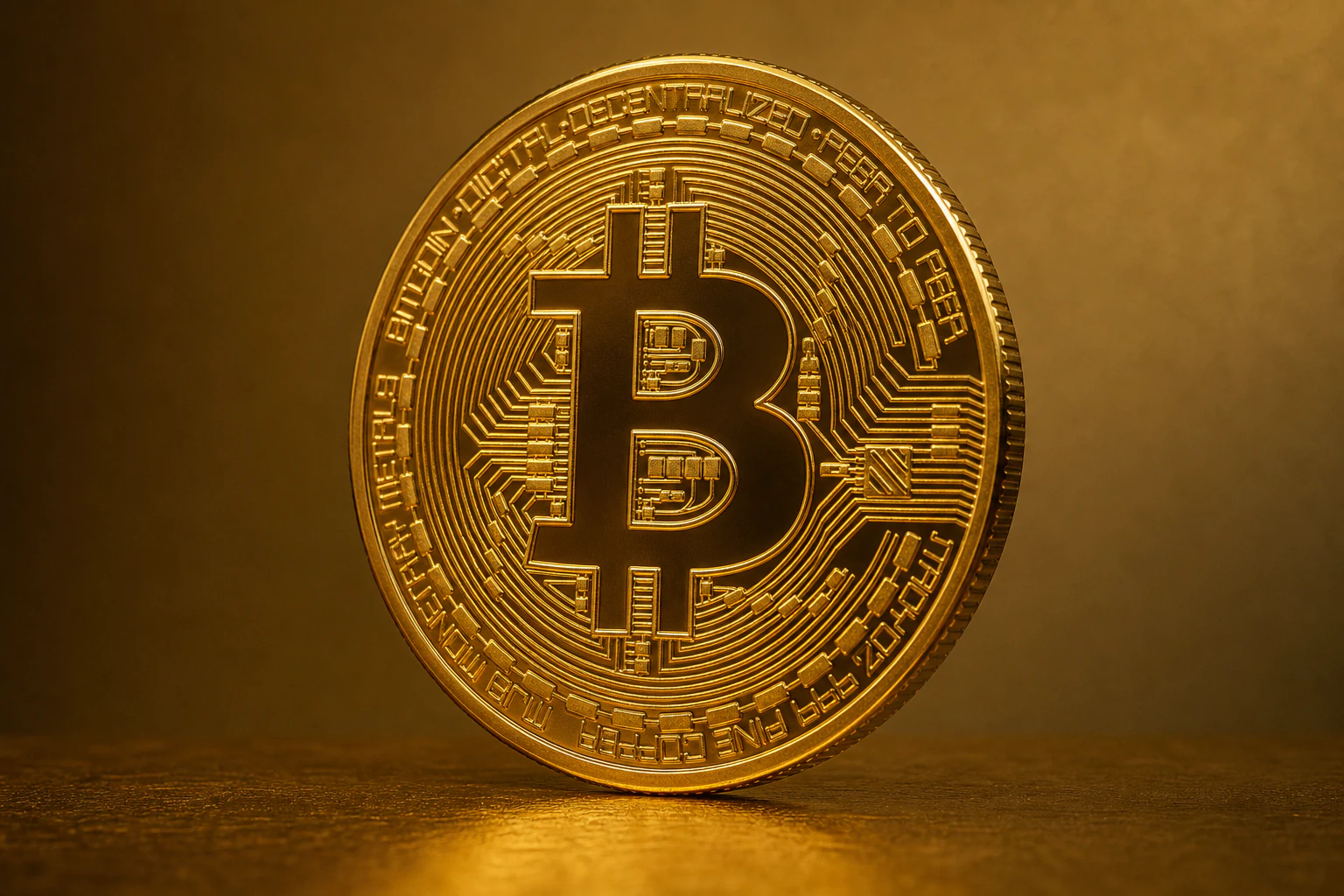 골드 컬러의 비트코인 BTC 기념주화 클로즈업 사진