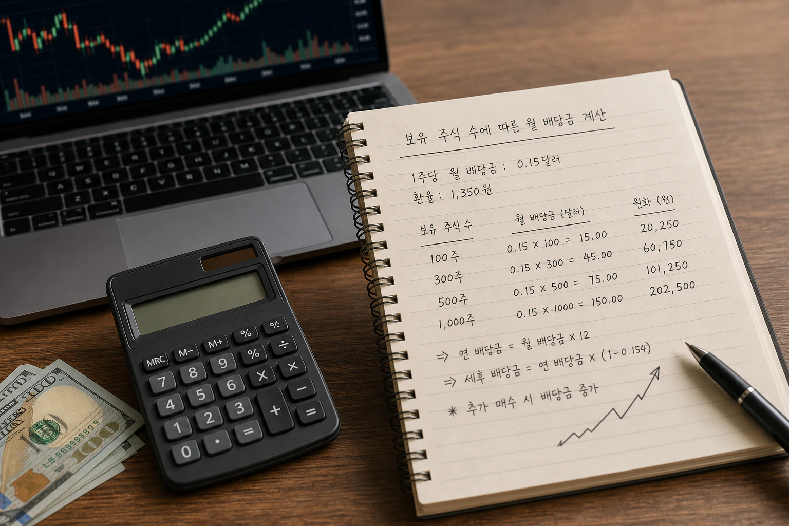 보유 주식 수에 따른 월 배당금을 계산하는 계산기와 노트 이미지