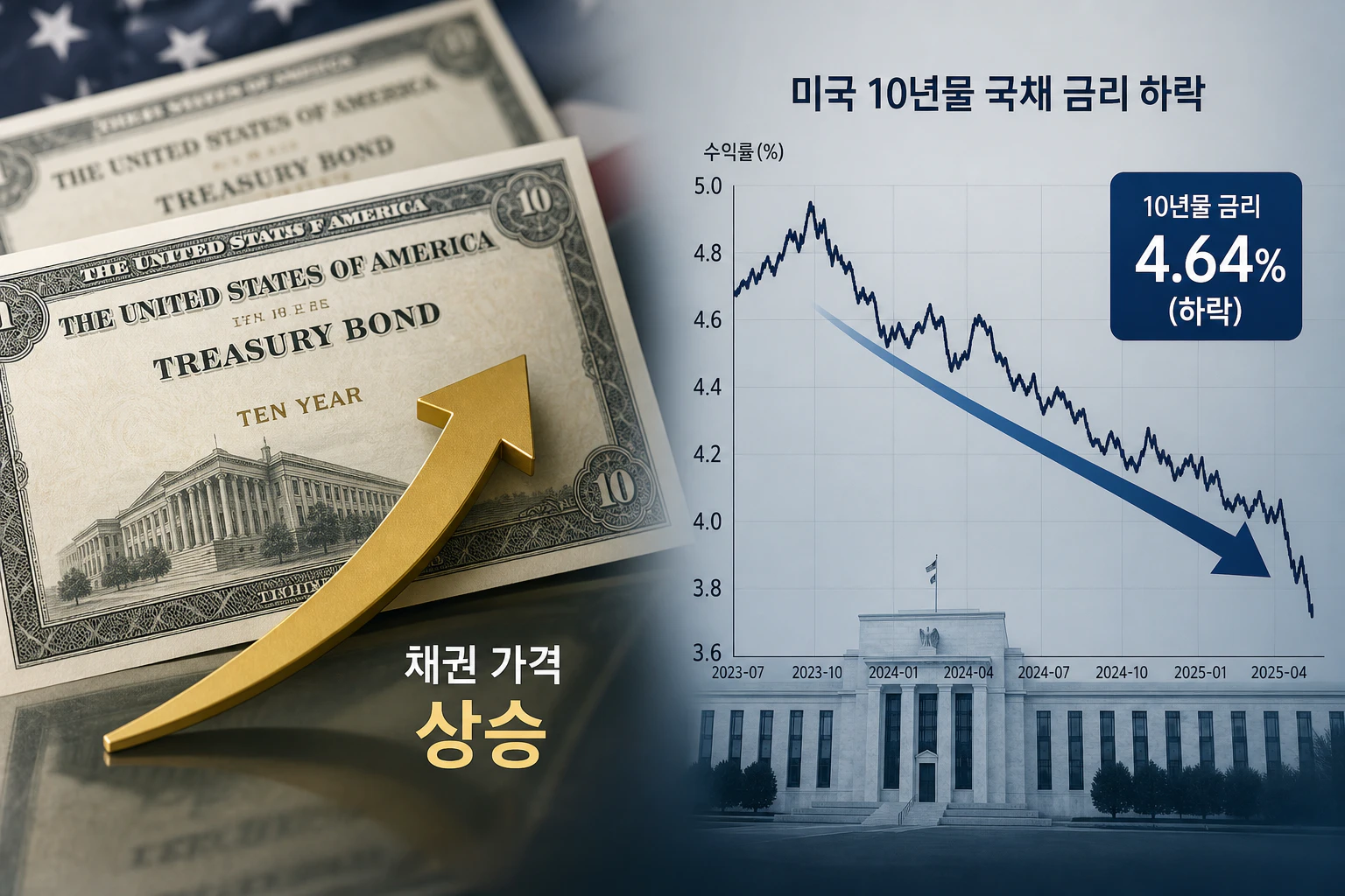 하락하는 미국 10년물 국채금리와 상승하는 채권 가격을 보여주는 인포그래픽