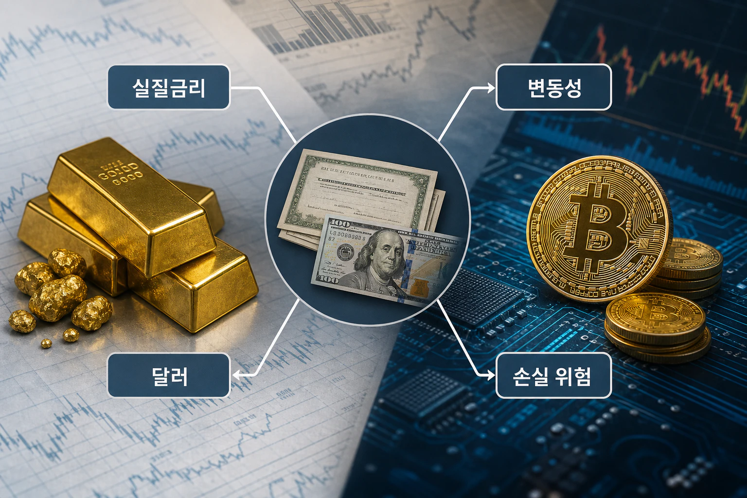 국채금리와 달러 흐름이 금과 비트코인에 다르게 작용할 수 있음을 나타낸 흐름도