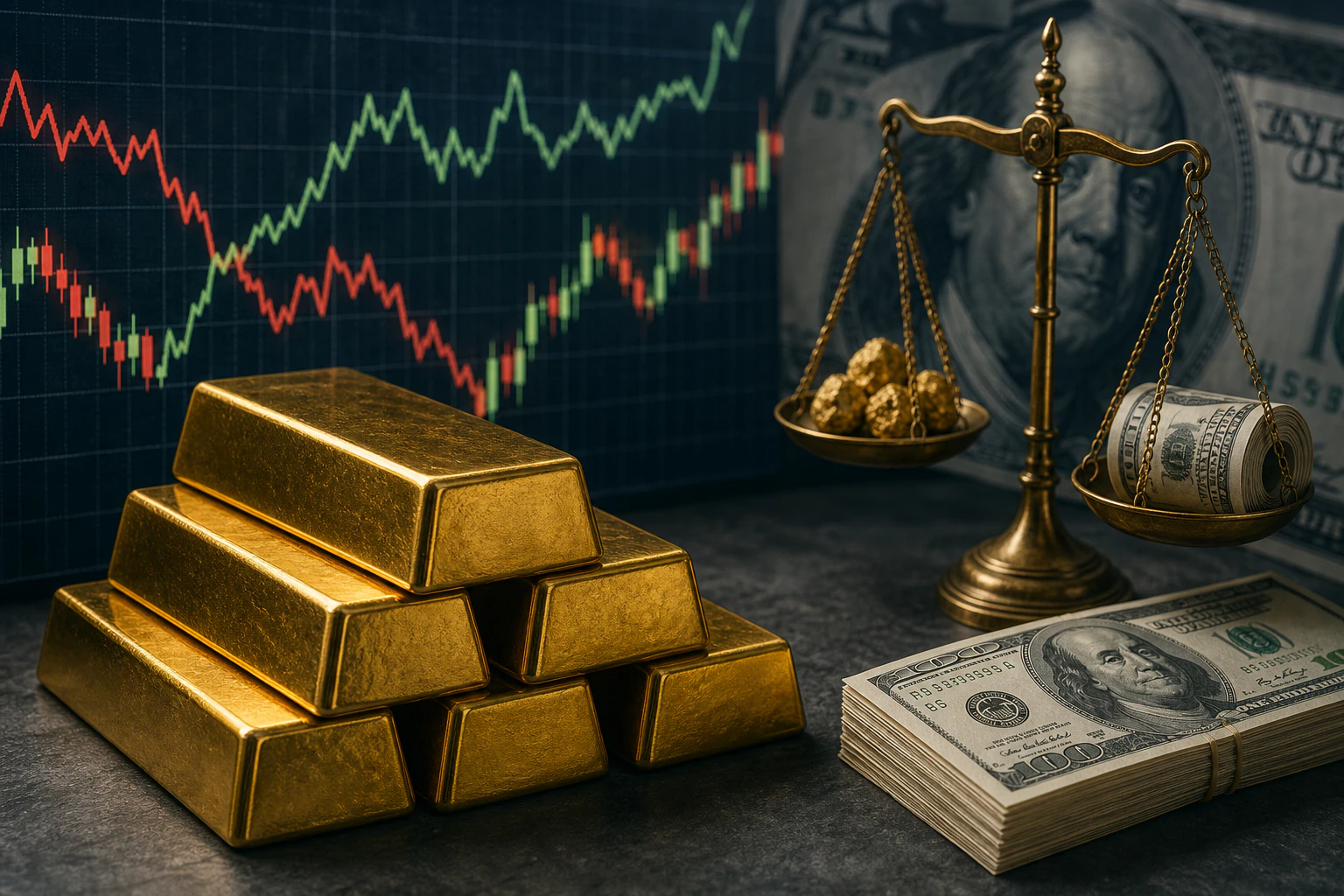 금 ETF 투자에 영향을 주는 금리와 달러를 표현한 금융 분석 이미지