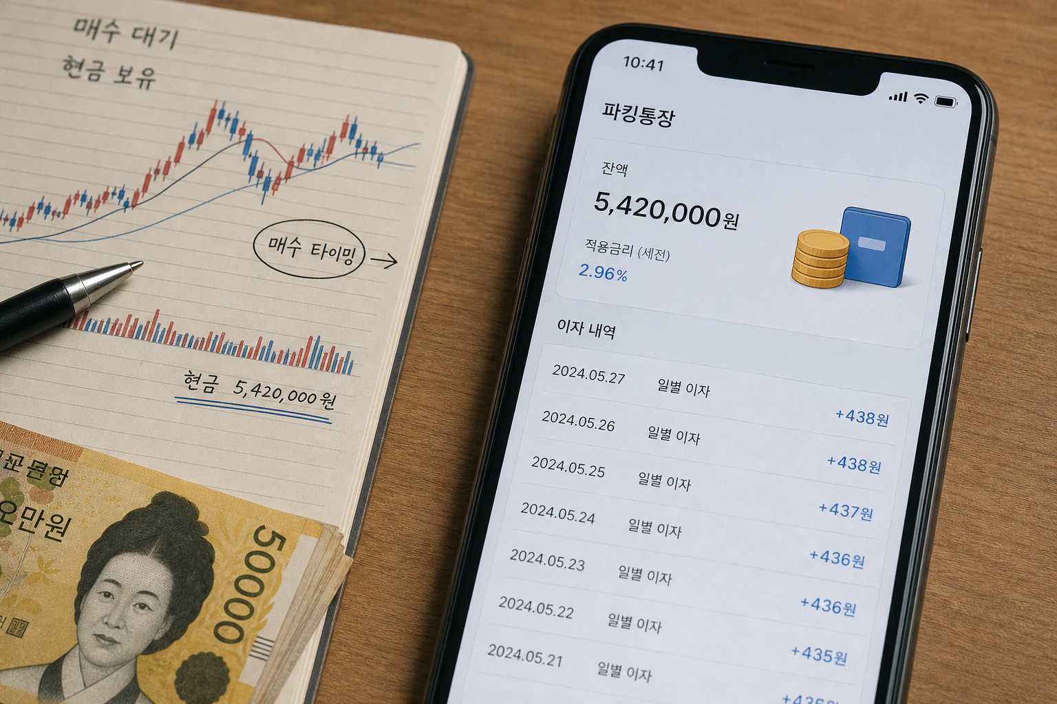 주식 매수 대기 현금이 파킹통장에서 이자를 얻는 과정을 표현한 일러스트