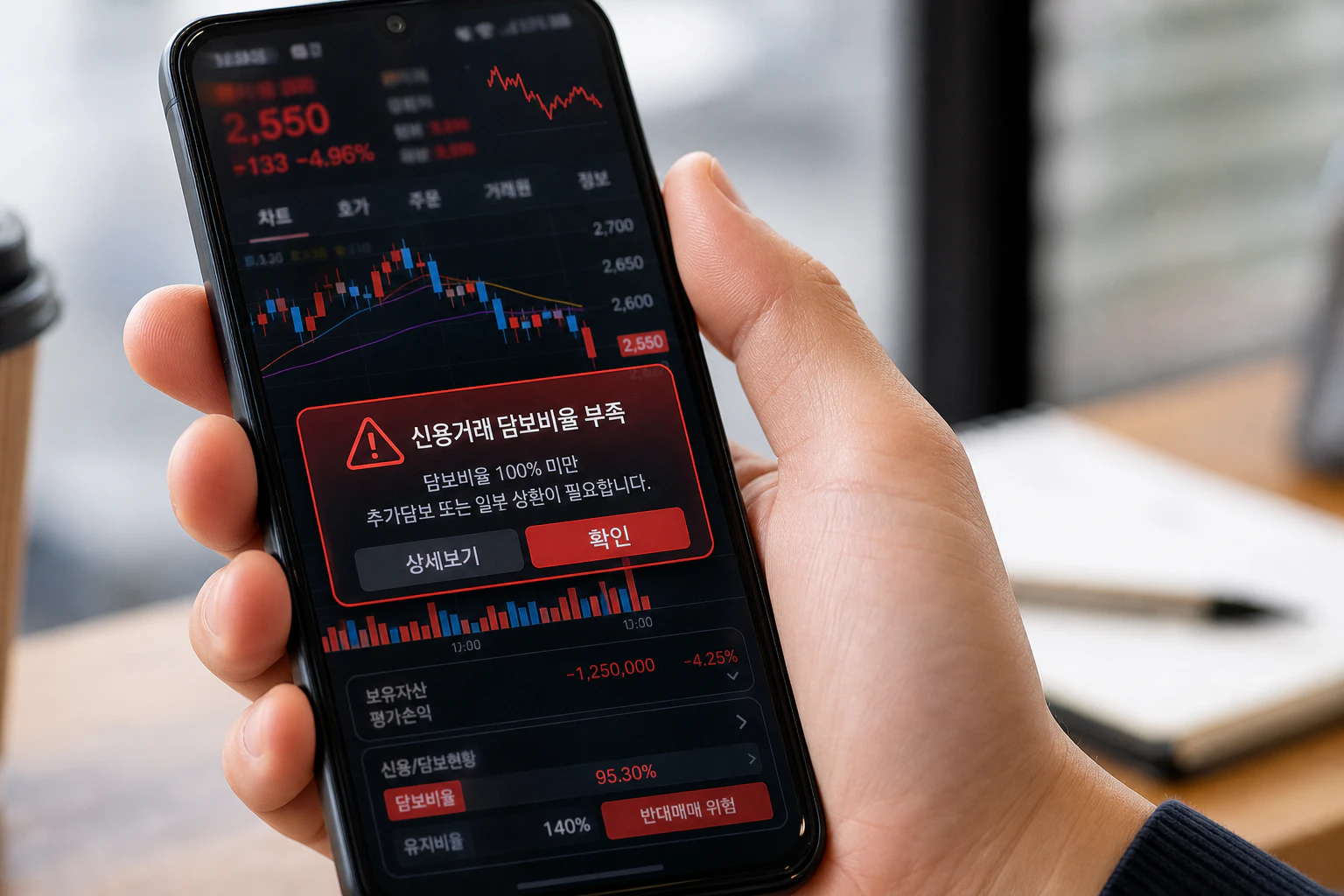 스마트폰 주식 거래 앱 화면에 신용거래 담보비율 부족과 반대매매 경고 알림이 뜬 것을 확인하며 당황하는 개인 투자자의 손과 화면 클로즈업