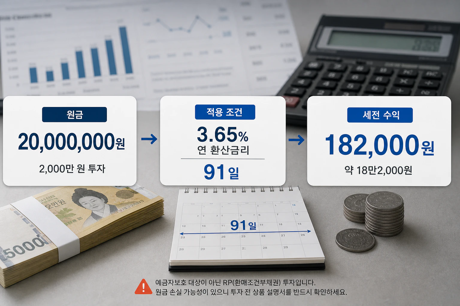 2,000만 원을 91일간 RP에 투자했을 때 세전 수익 계산