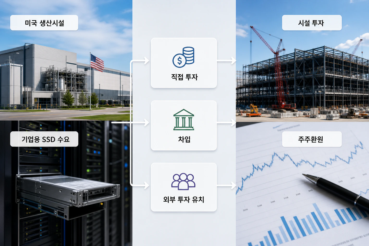 솔리다임 투자에 활용할 수 있는 직접 투자, 차입, 외부 투자 유치 경로를 비교한 도식