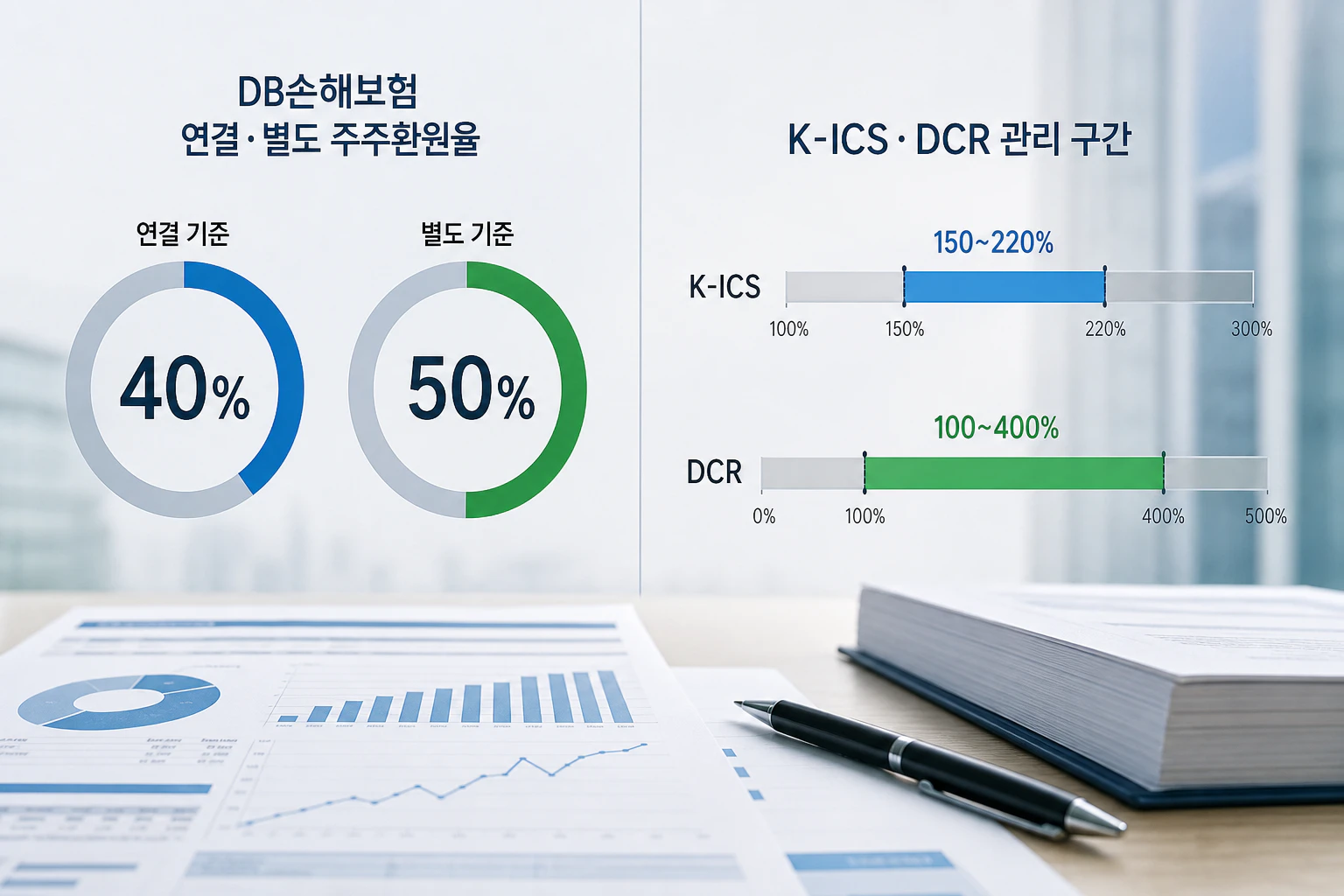 DB손해보험의 연결·별도 주주환원율과 K-ICS·DCR 관리 구간 인포그래픽