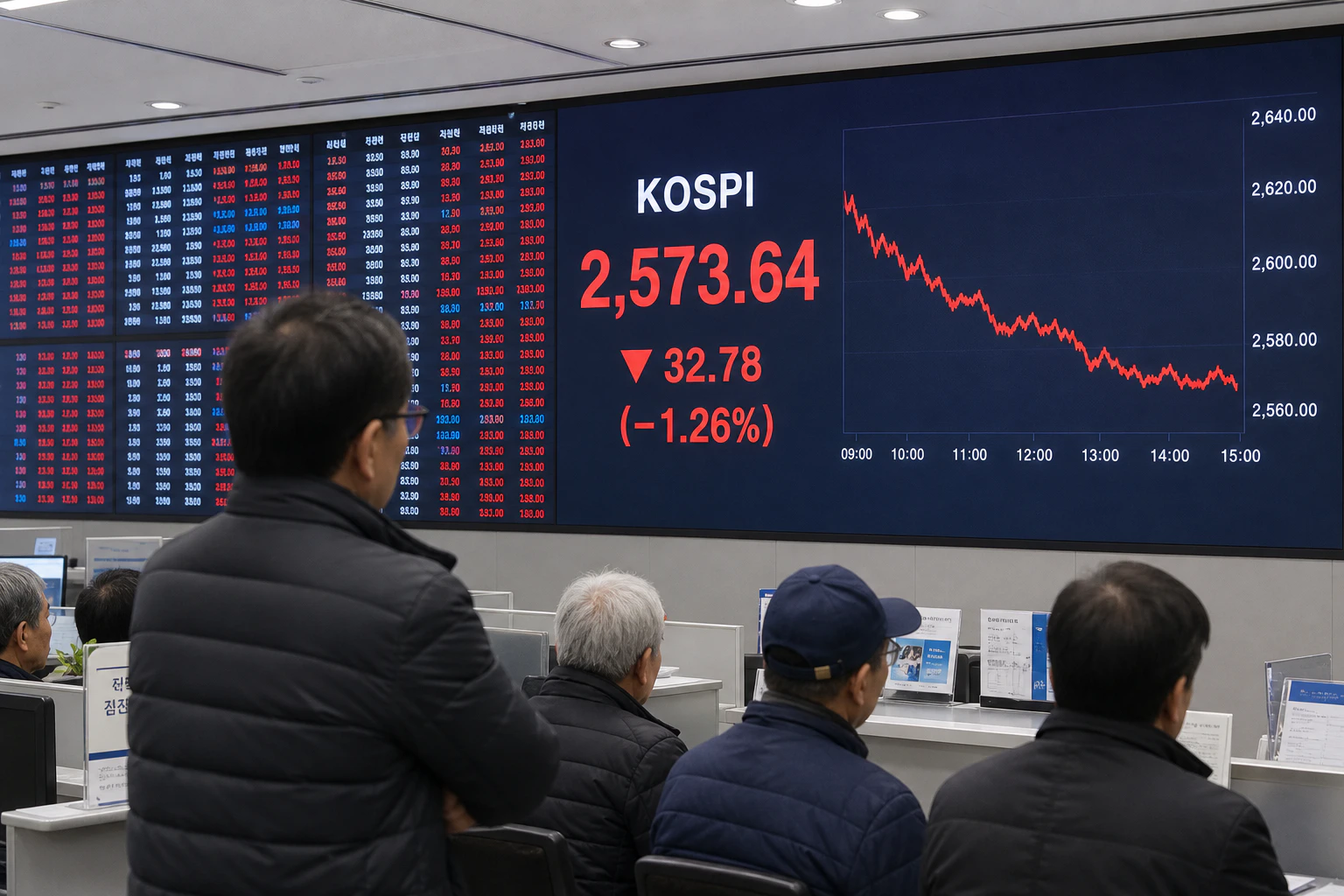 국내 증권사 객장의 전자 시세판에 붉은색 하락 지수가 표시된 모습