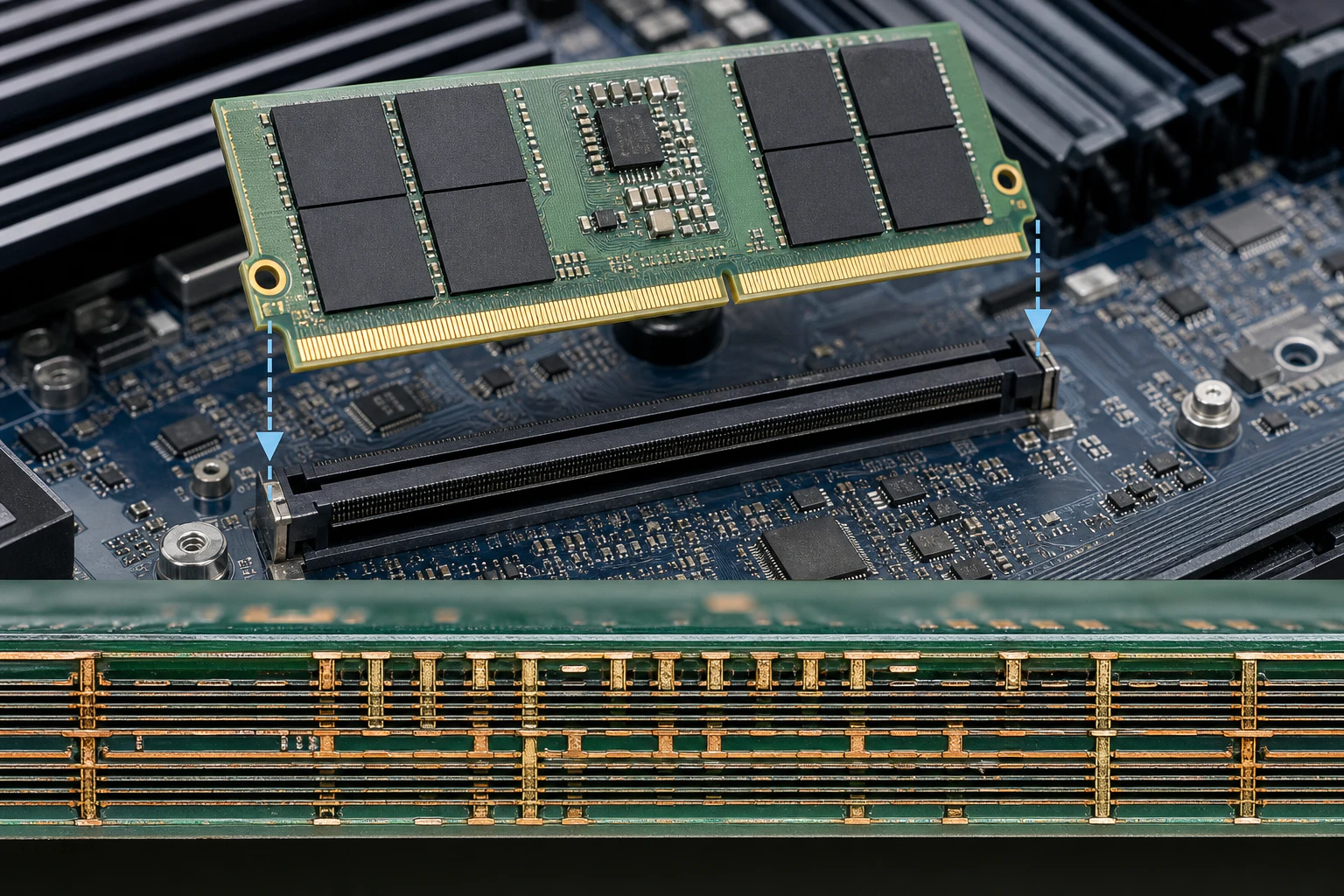LPDDR5X 칩이 장착된 SOCAMM 메모리 모듈과 다층 PCB