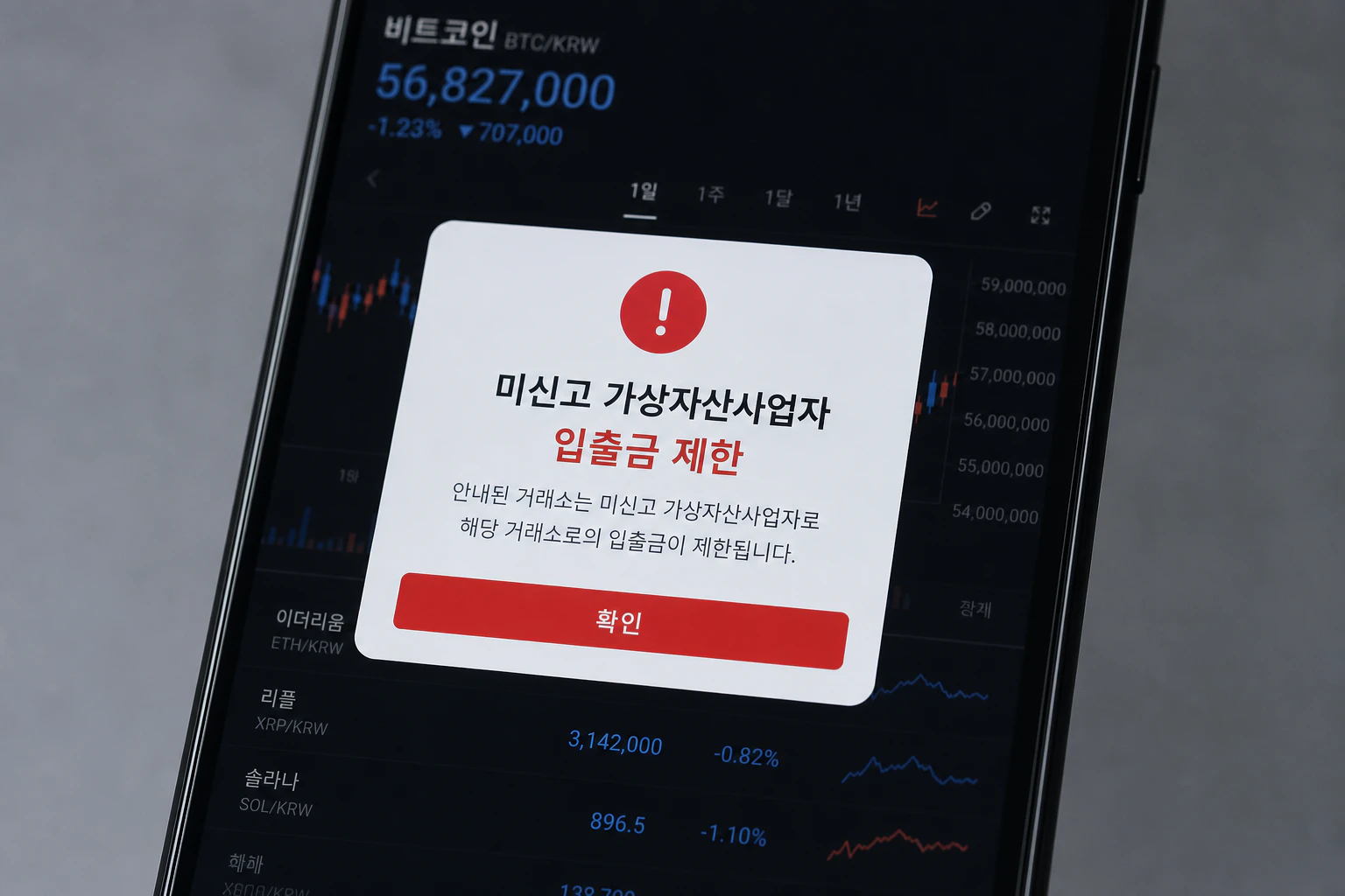 스마트폰 화면에 표시된 가상자산 거래소 앱의 입출금 제한 경고 알림