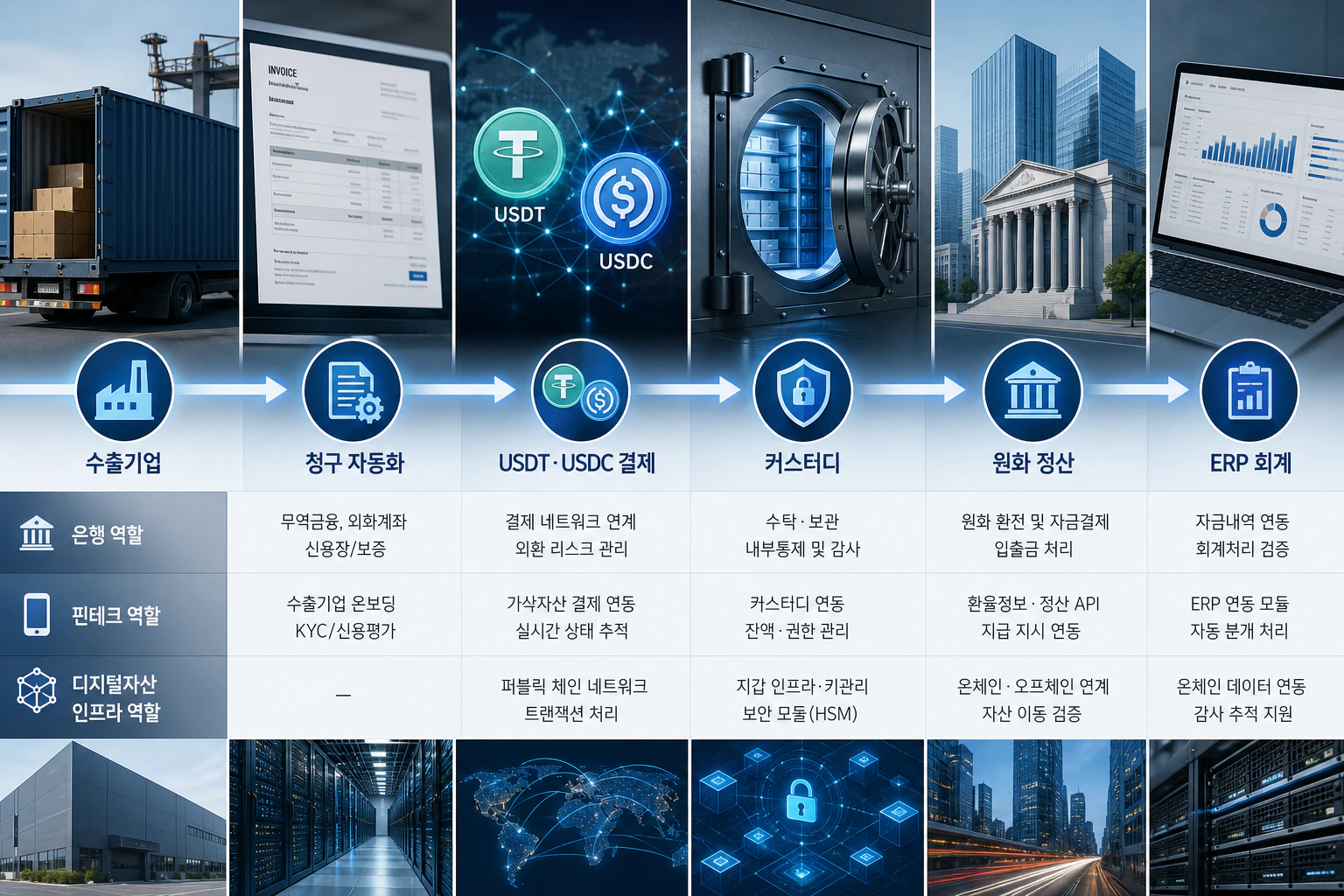 스테이블코인 수출대금 정산과 금융주 연결고리 인포그래픽