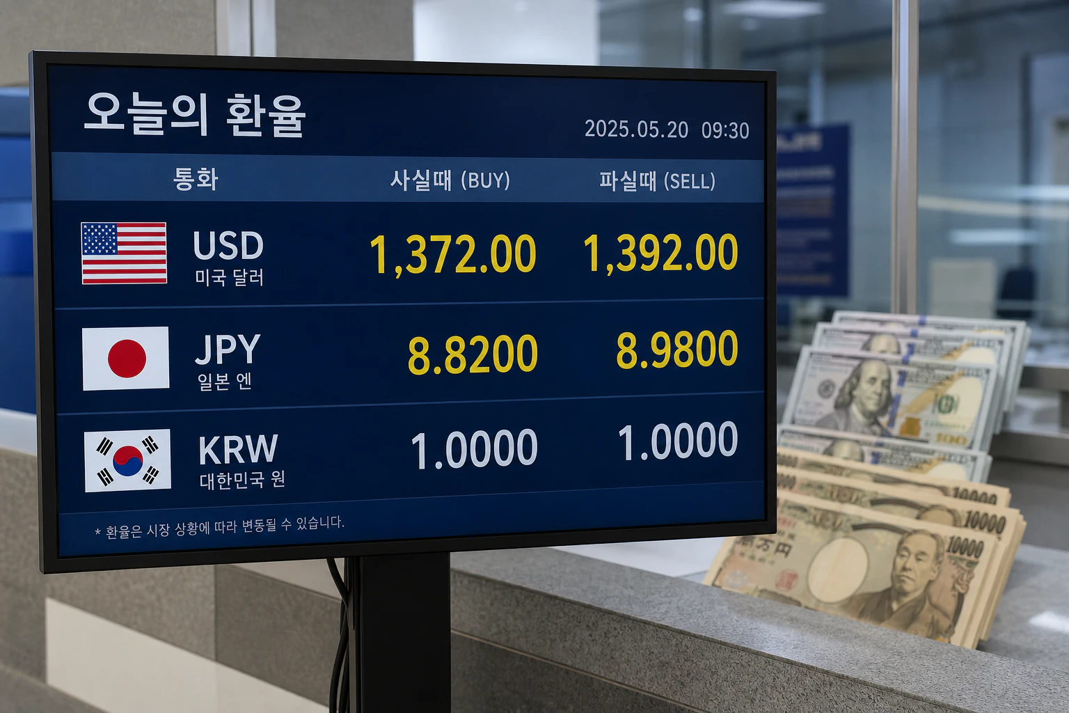 환전소 또는 은행 외환 창구의 전자 환율 표시판에 미국 달러와 일본 엔화 환율이 나란히 표시된 모습