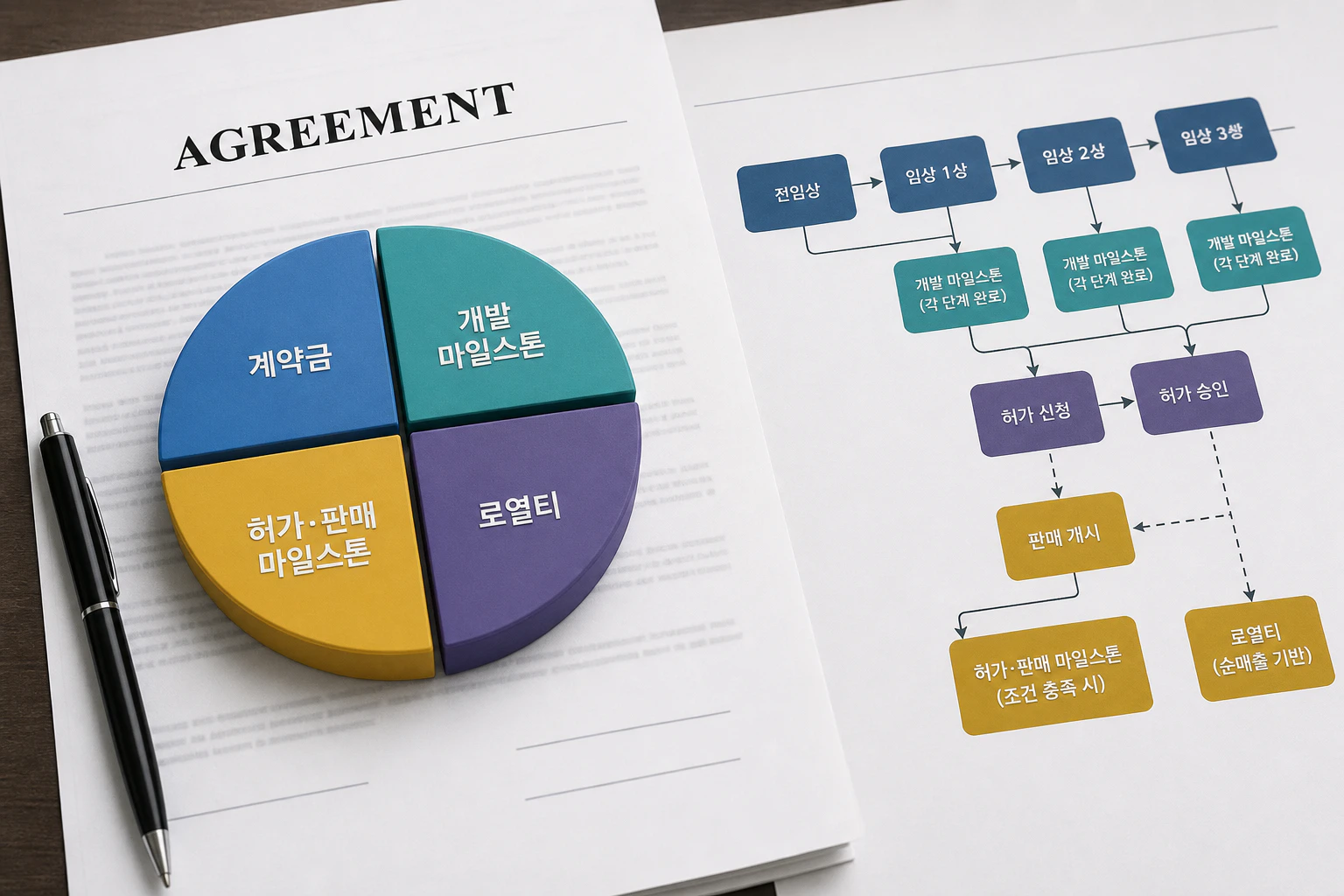 기술수출 계약금과 마일스톤을 나눈 구조도