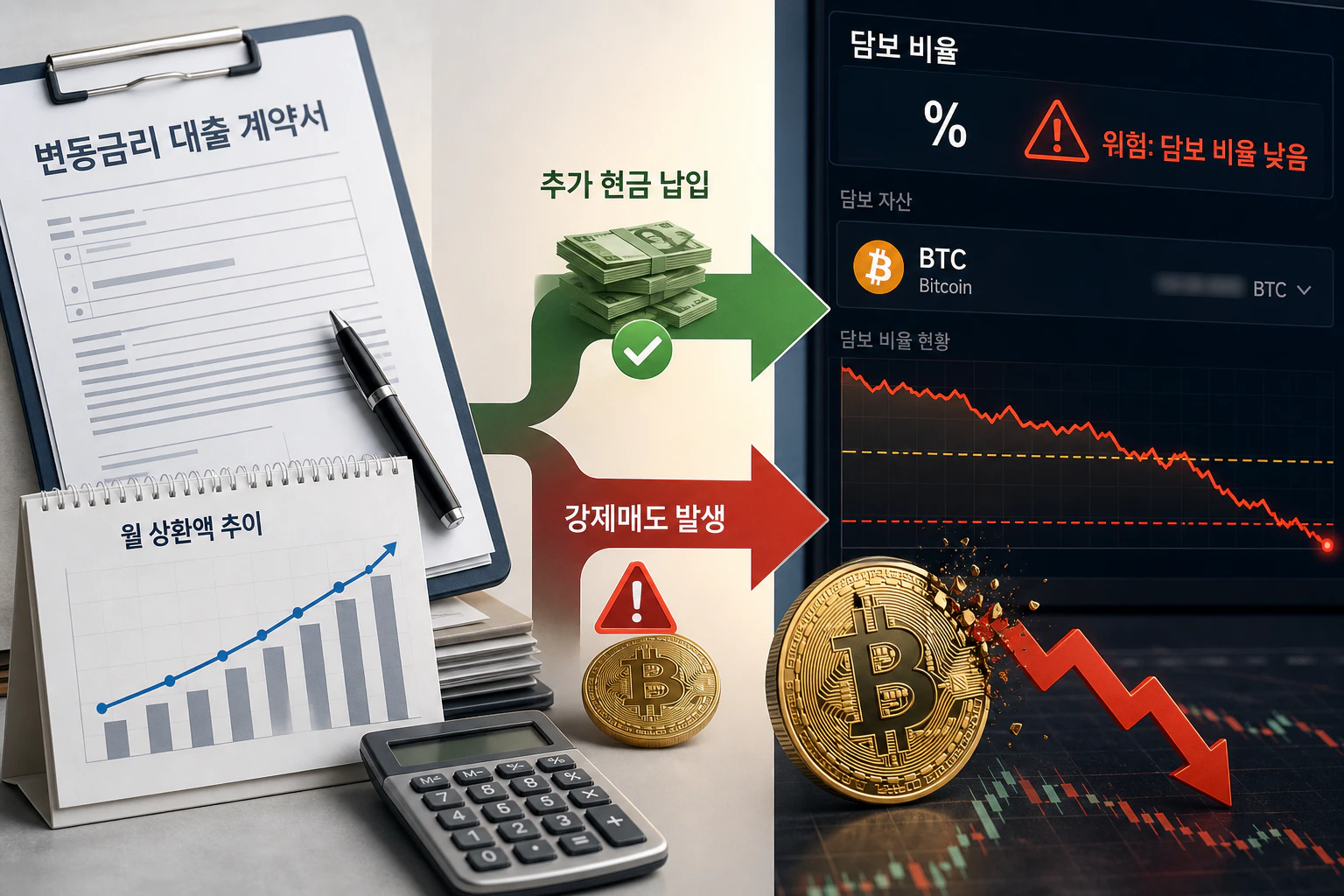비트코인 가격 하락에 따른 담보비율과 강제매도 위험을 보여주는 금융 일러스트