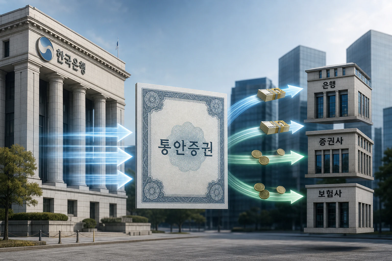 한국은행의 통안증권 발행과 시중 유동성 흡수 과정을 나타낸 인포그래픽